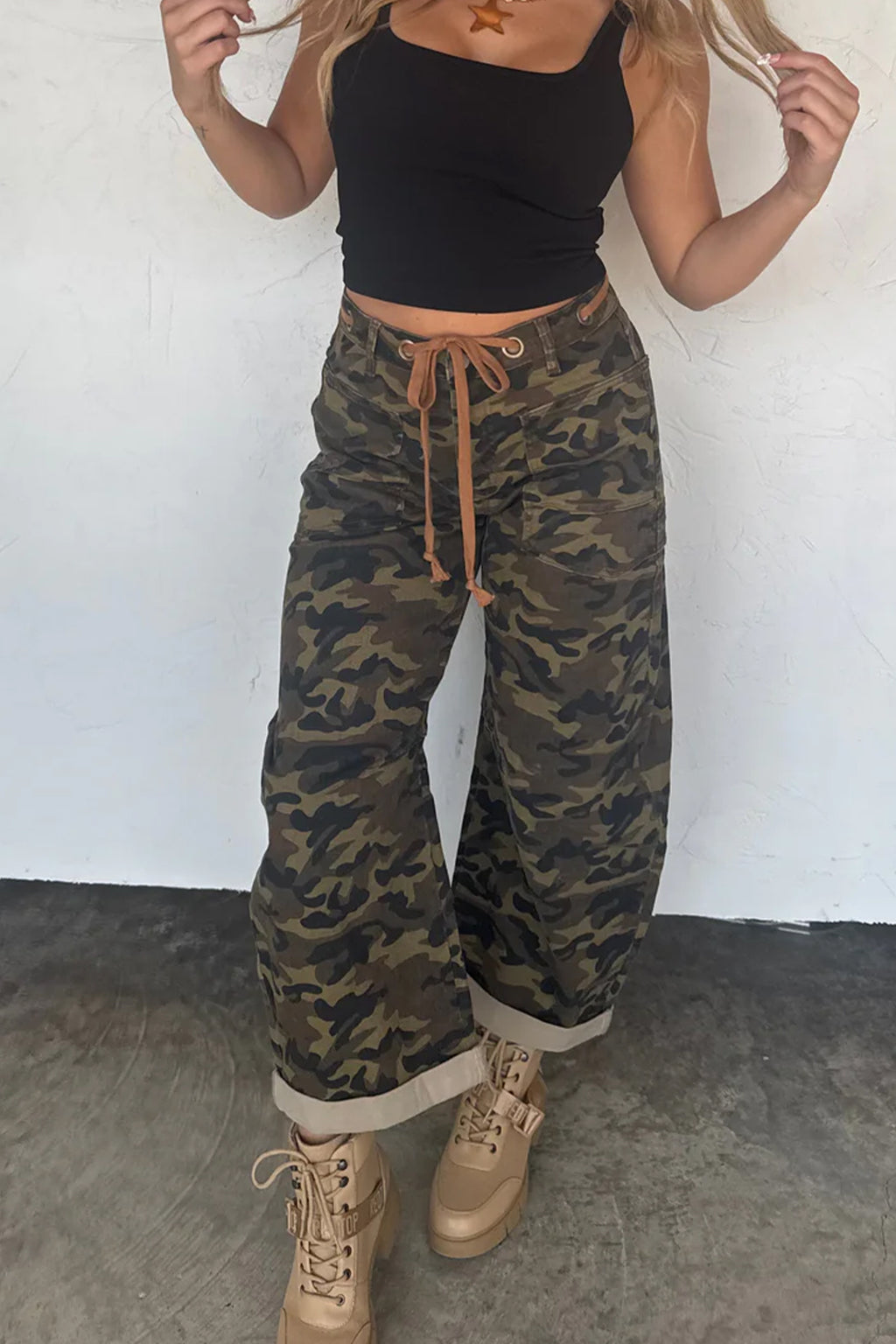 Multicolour Camouflage Print Retro Grommet Tie Waist Loose Jeans | UK 8–20