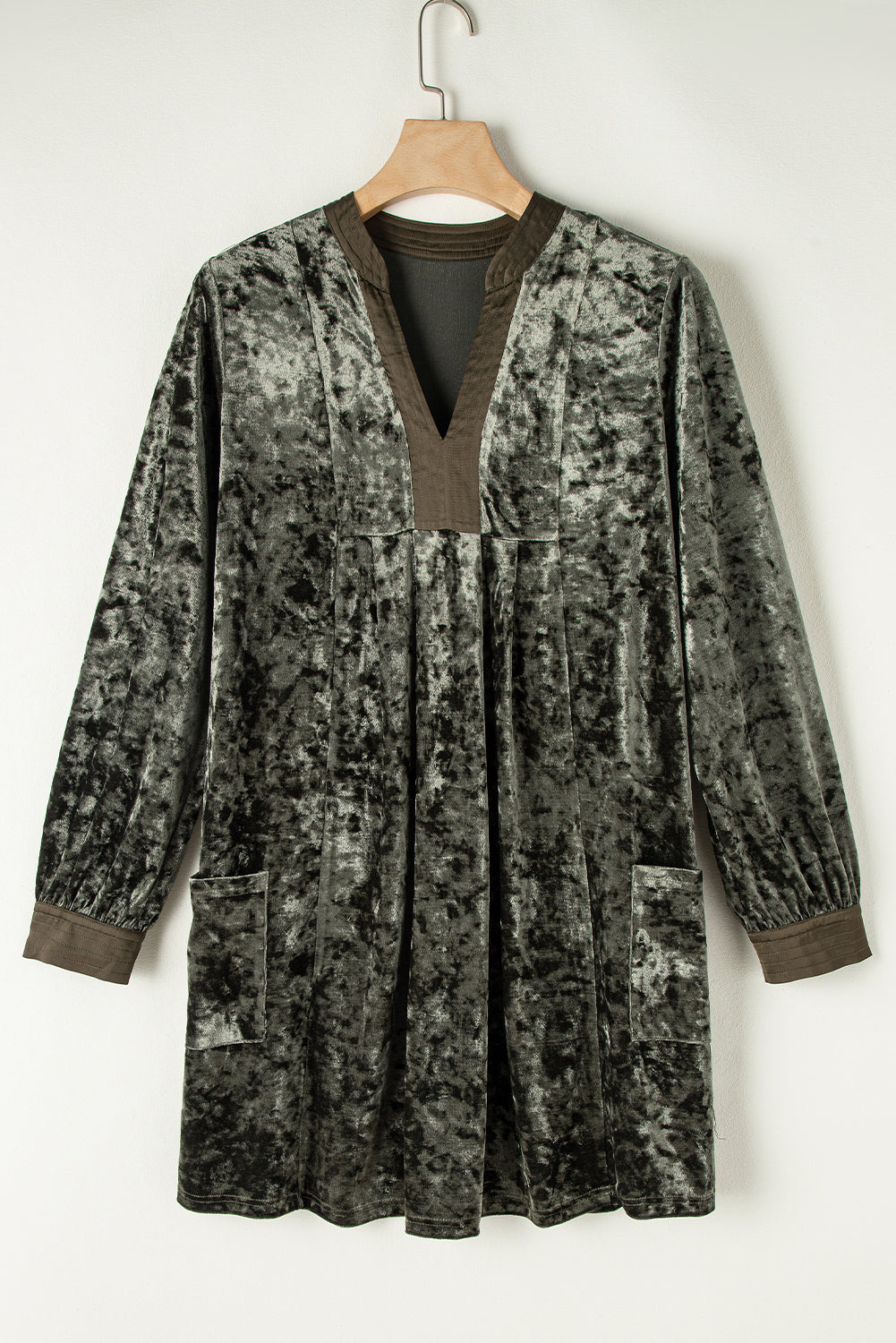 Jungle Green Velvet V Neck Long Sleeve Loose Dress with Pockets S-XL