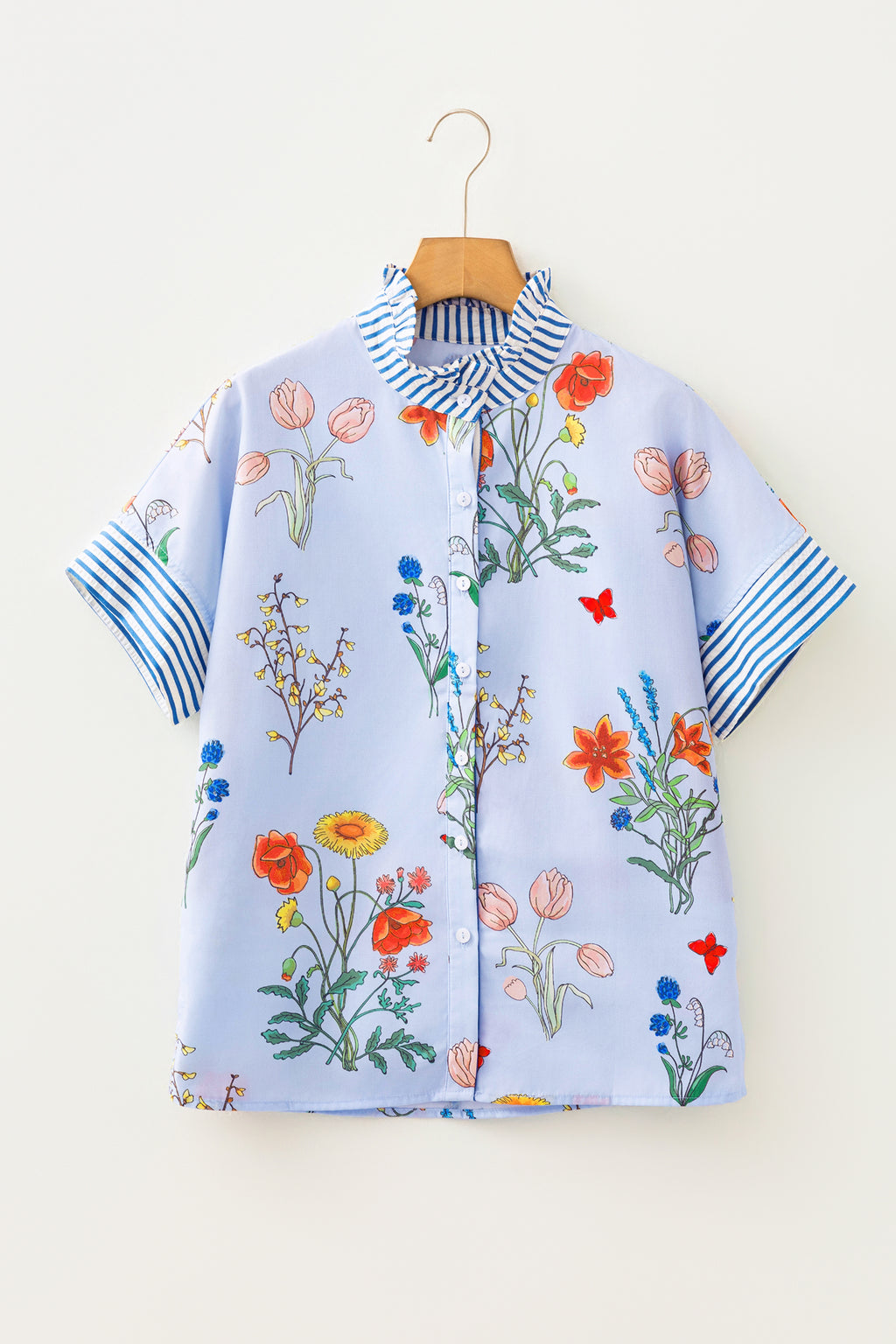 Floral Striped Ruffled Collar Shirt Short Sleeve Beige Sky Blue UK 8-22