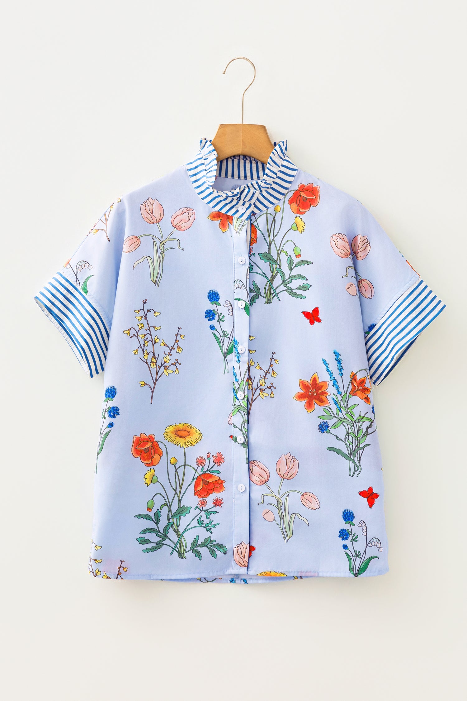 Floral Striped Ruffled Collar Shirt Short Sleeve Beige Sky Blue UK 8-22