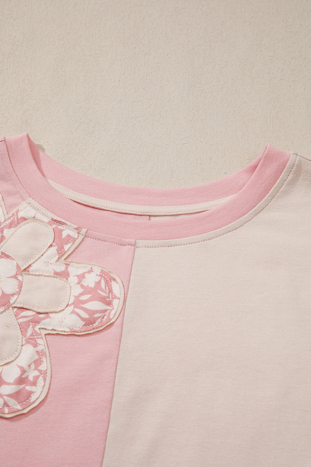 Beige Colour Block Flower Patch Loose T-Shirt | Casual Top
