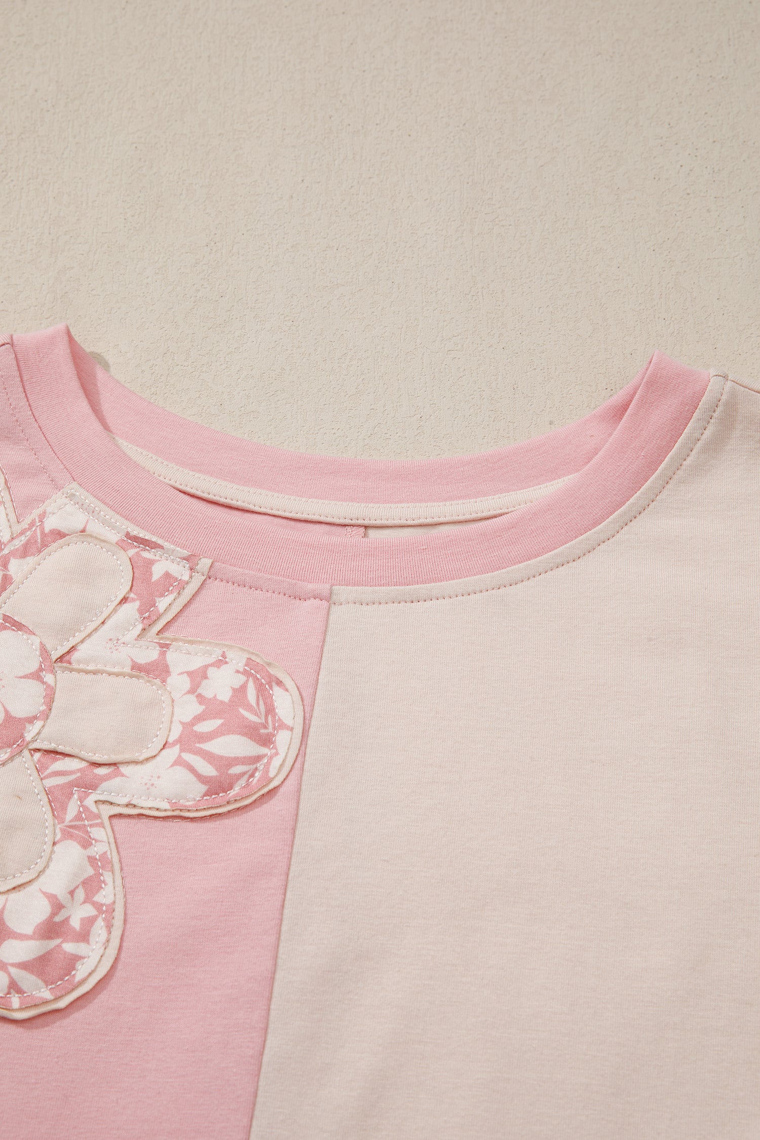 Beige Colour Block Flower Patch Loose T-Shirt | Casual Top