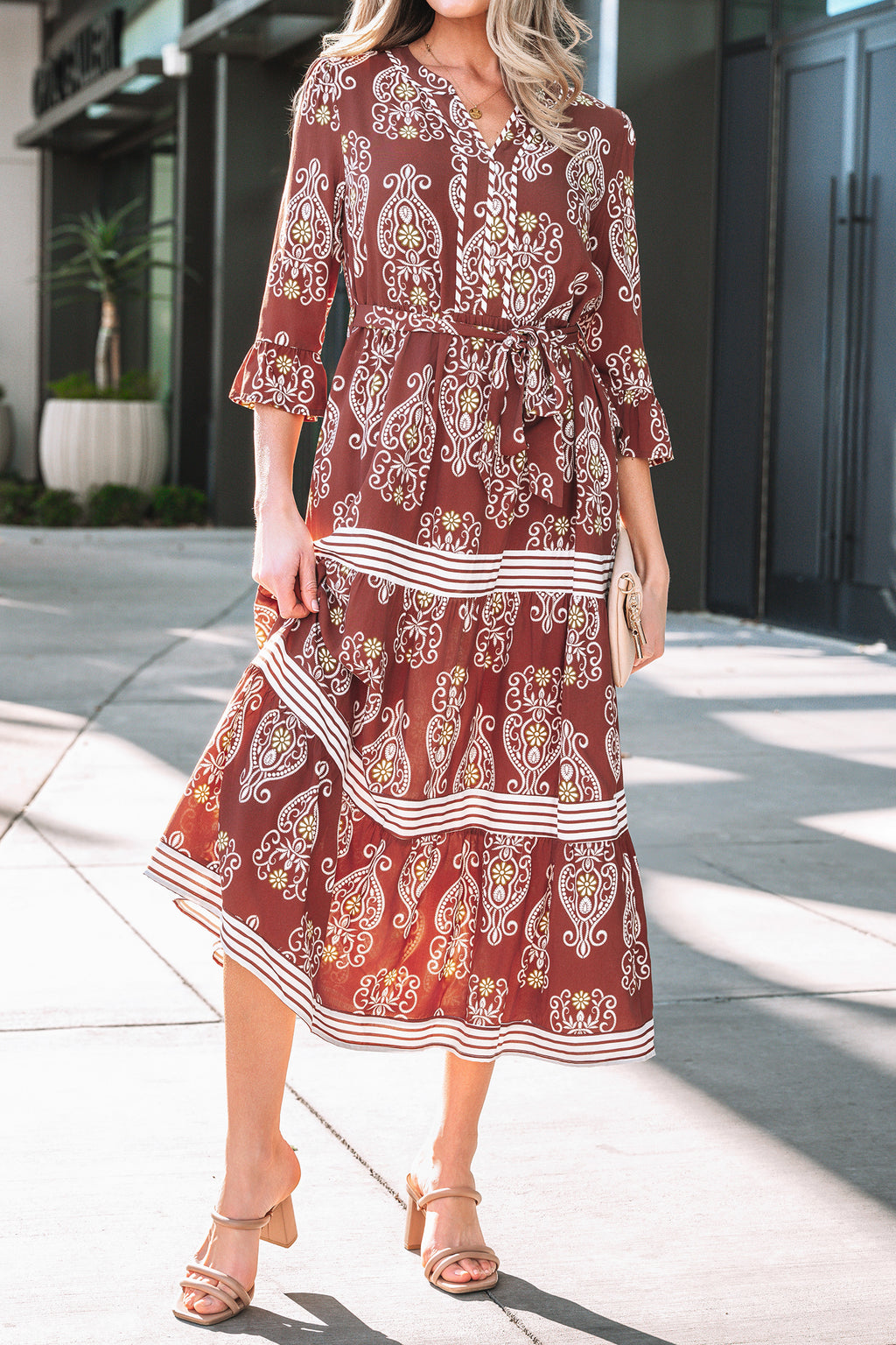 Brown Floral Print Belted Striped Trim Tiered Maxi Dress | Boho Summer
