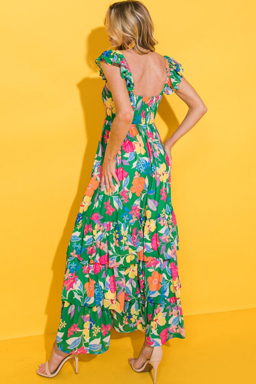 Women's Green Floral Print Sleeveless Ruffle Tiered Maxi Dress at LivelyLooks