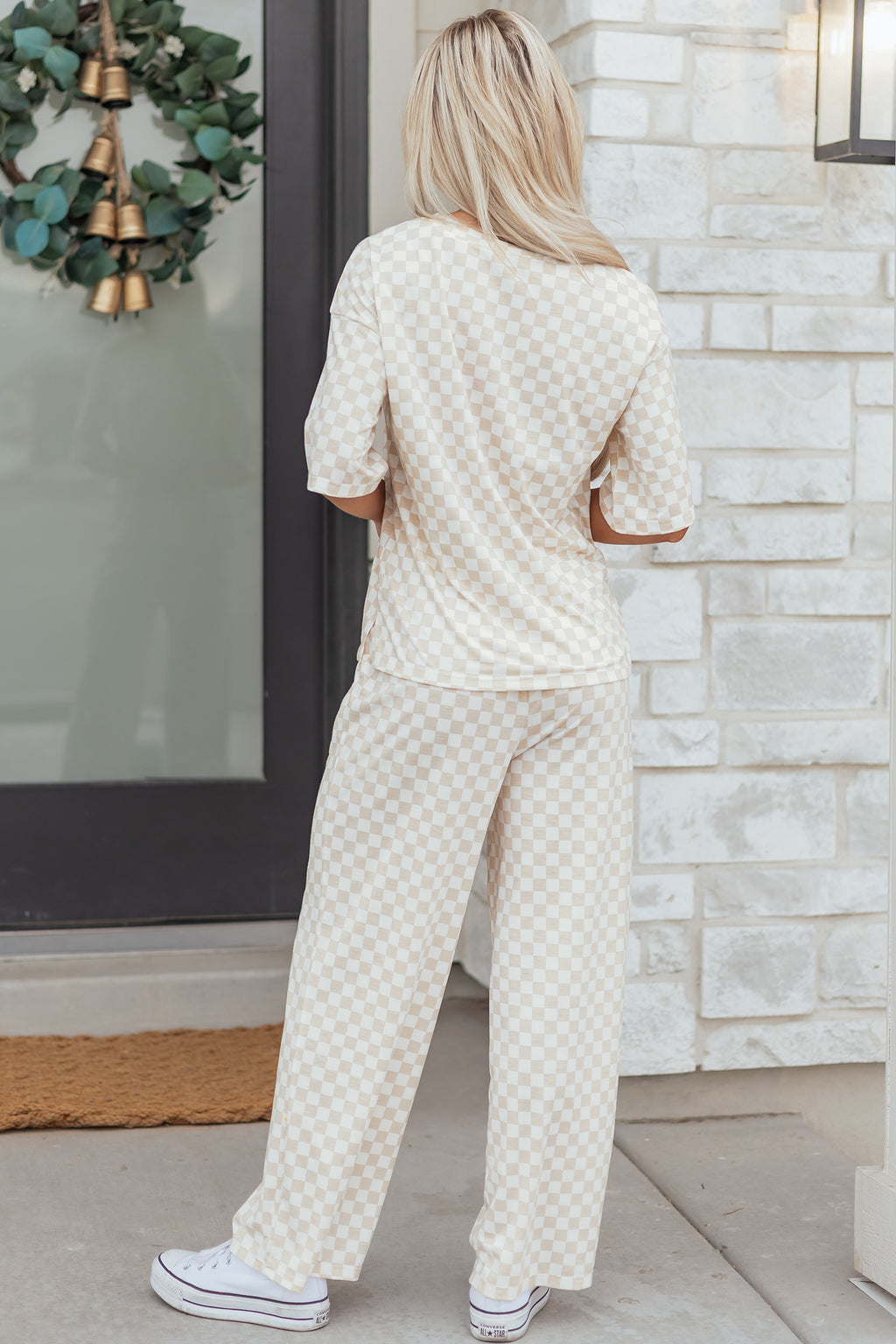 Shop Khaki Checkered Print Half Sleeve Tee & Wide Leg Lounge Pant Set | UK 8-22 at LivelyLooks