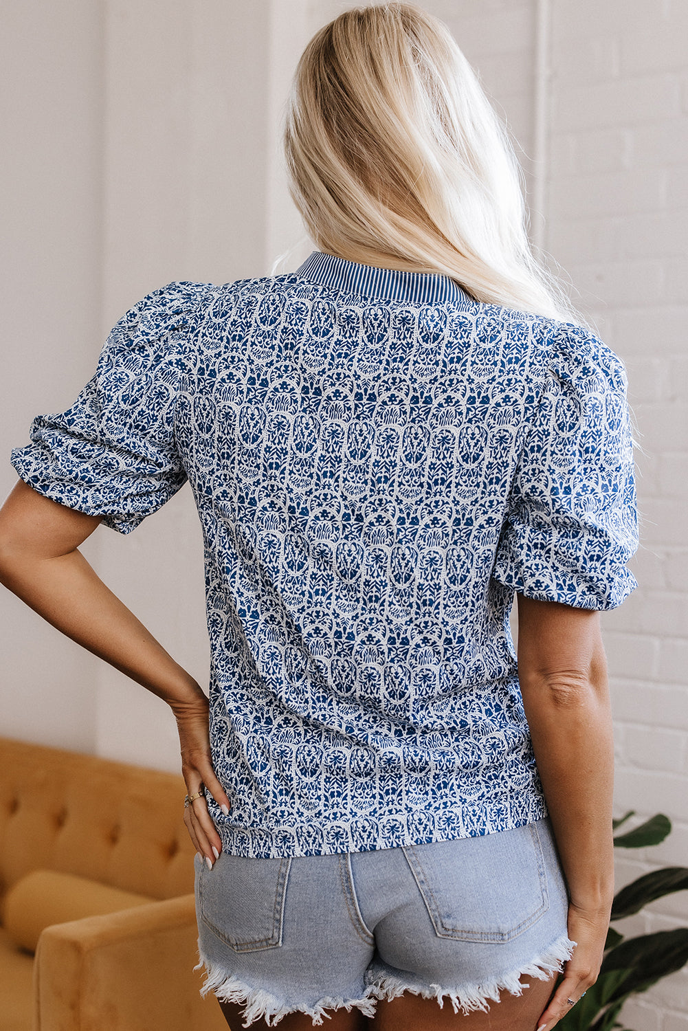 Blue Floral Striped Contrast Ric-Rac Trim Puff Sleeve Top