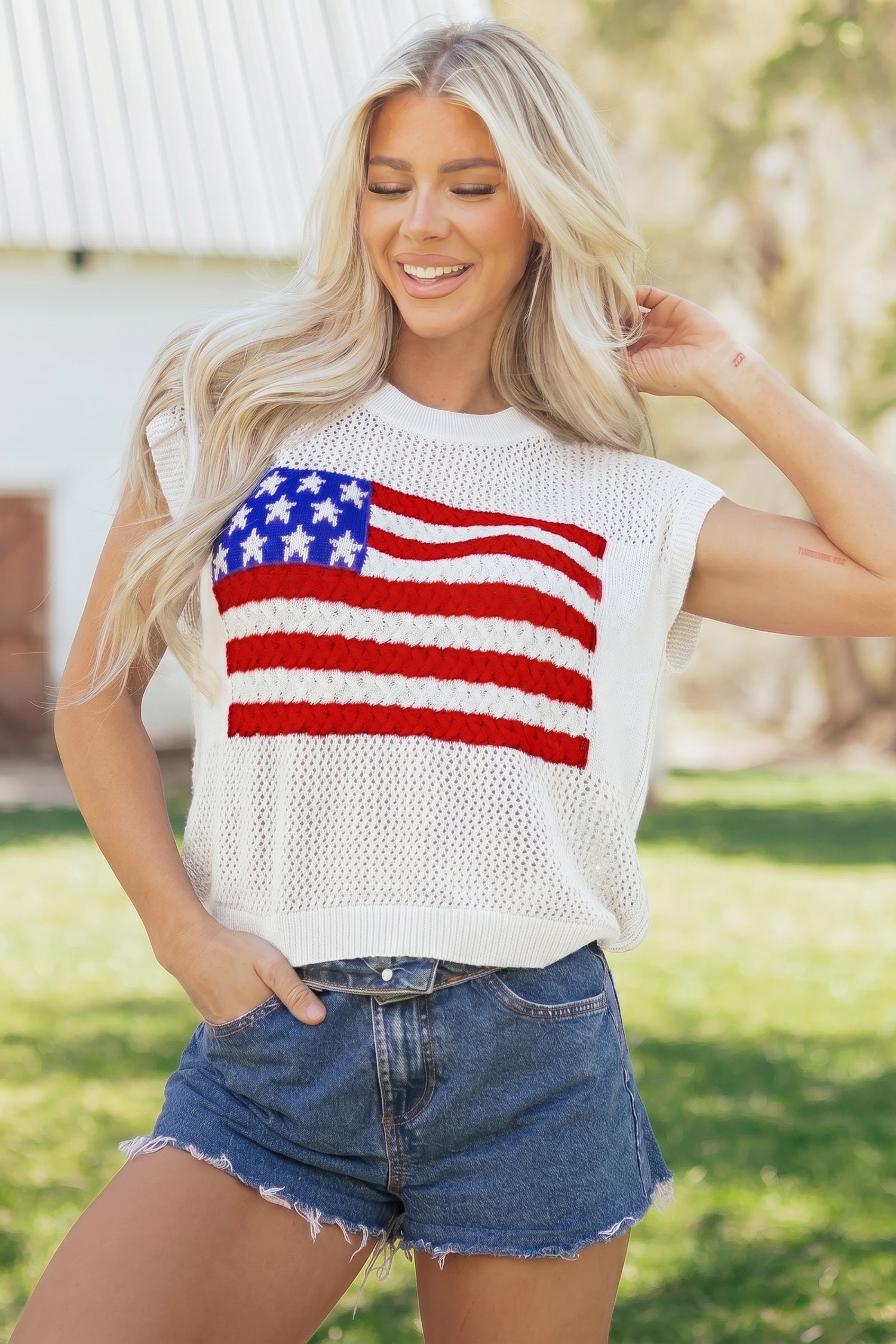 Women's Fiery Red Flag Graphic Short Sleeve Sweater Top at LivelyLooks