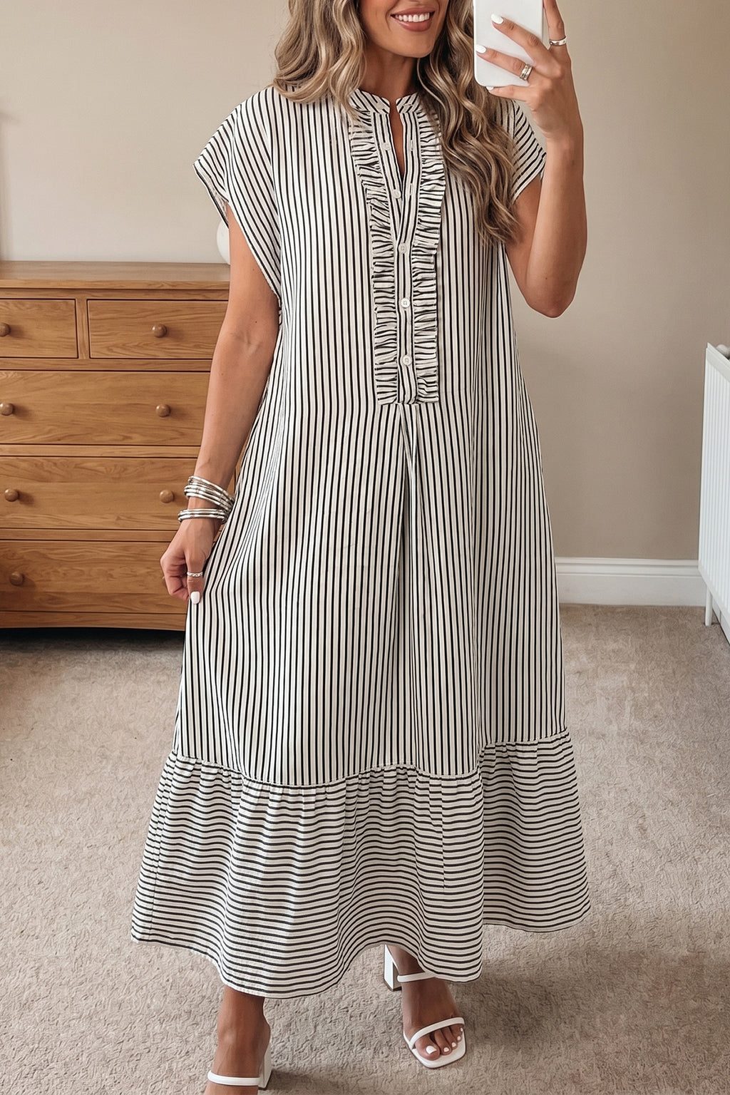Black & Red Stripe Frilled Half Button Short Sleeve Maxi Dress