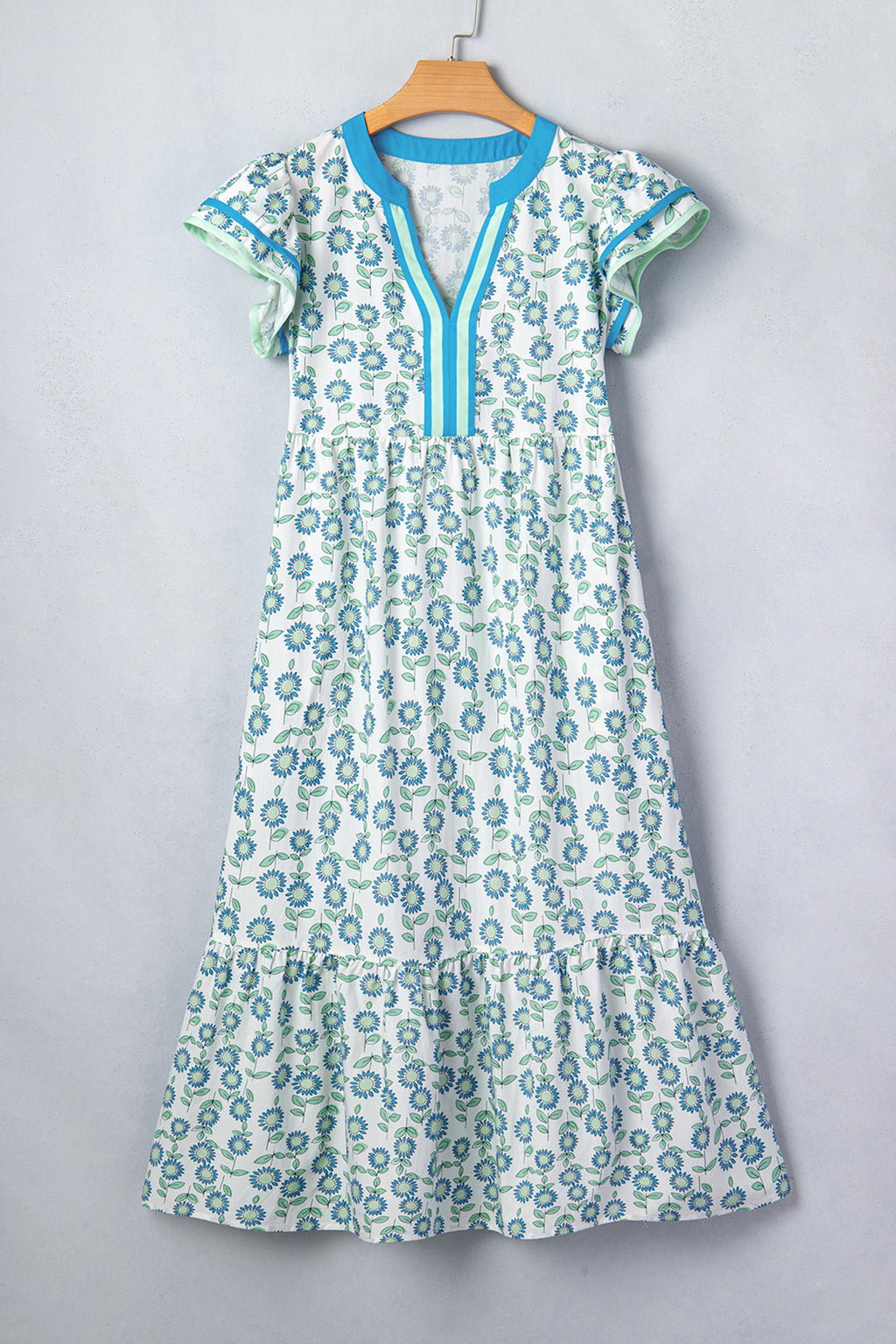 Sunflower Print Flutter Sleeve Maxi Dress Striped Trim Sky Blue Red UK 8-22