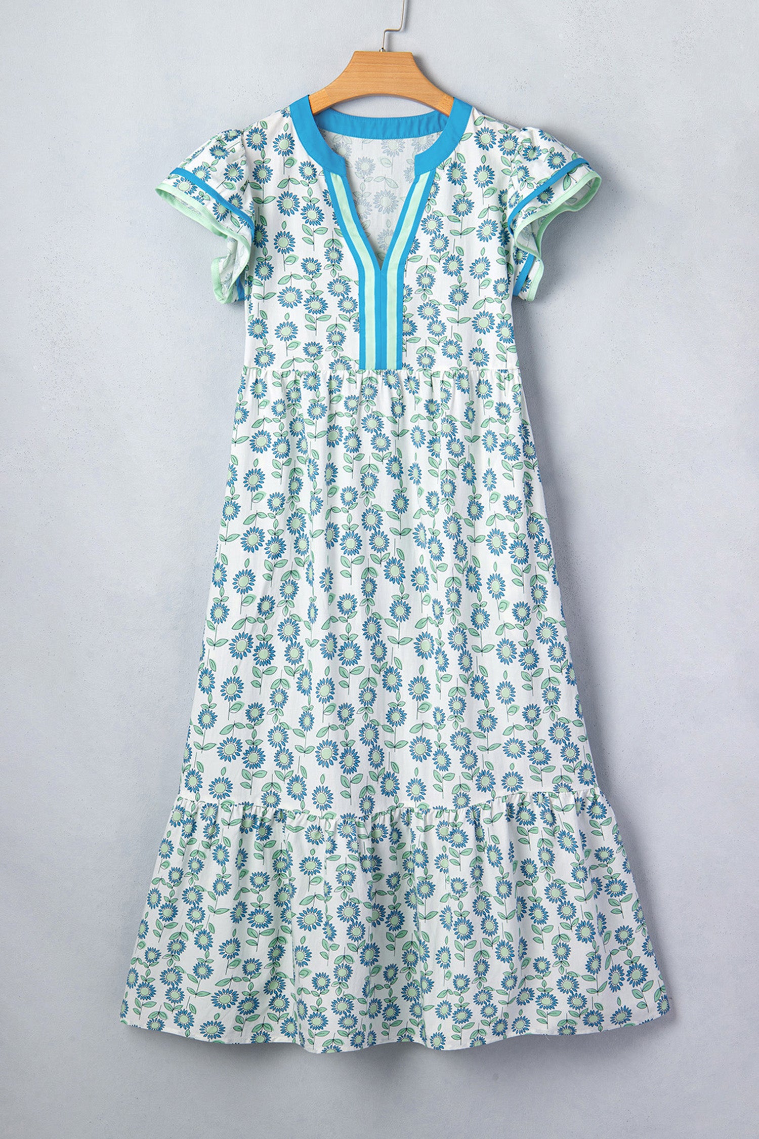 Sunflower Print Flutter Sleeve Maxi Dress Striped Trim Sky Blue Red UK 8-22