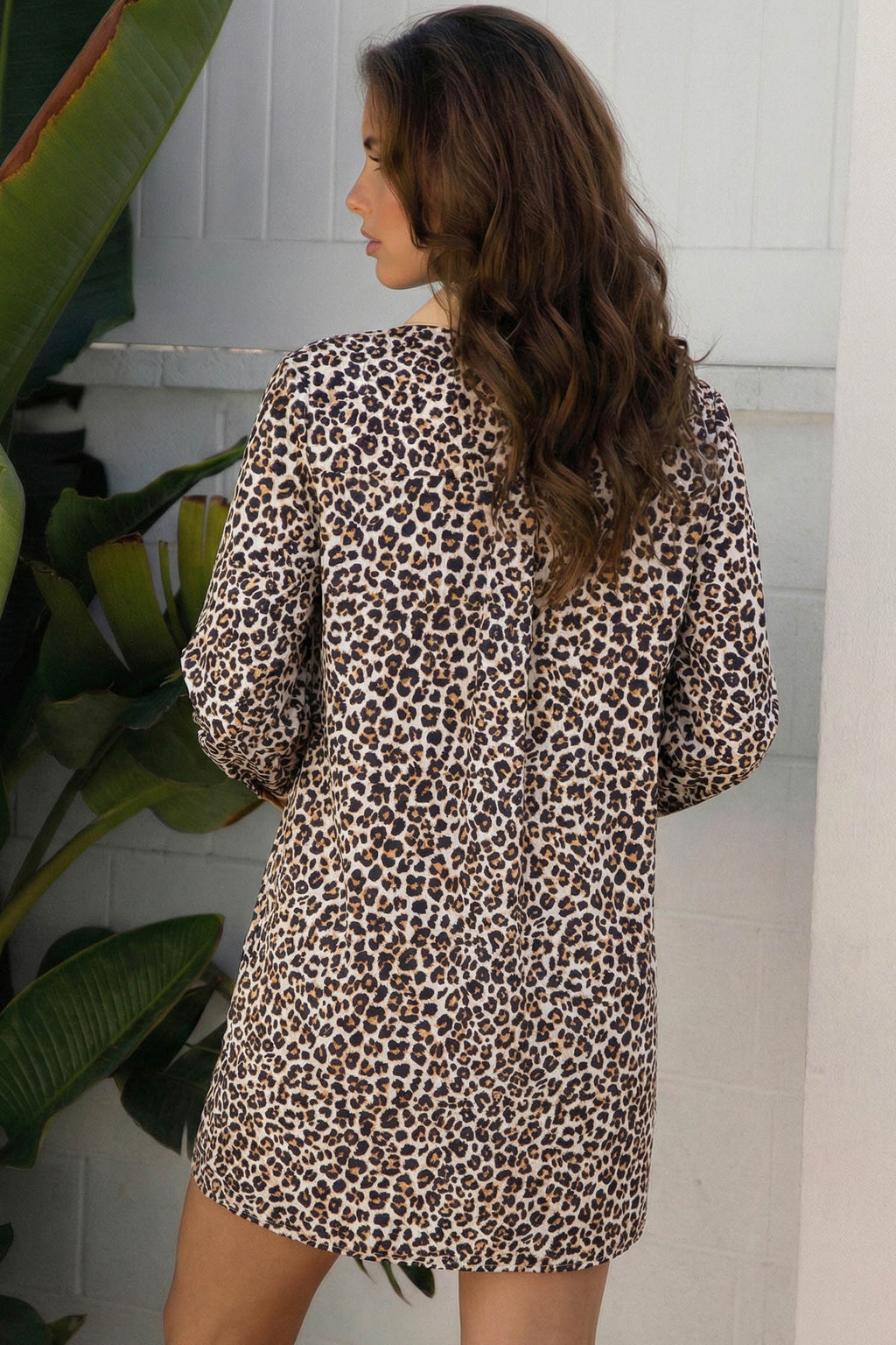 Women's Khaki Button Striped Collar Leopard Print Long Sleeve Flared Dress at LivelyLooks