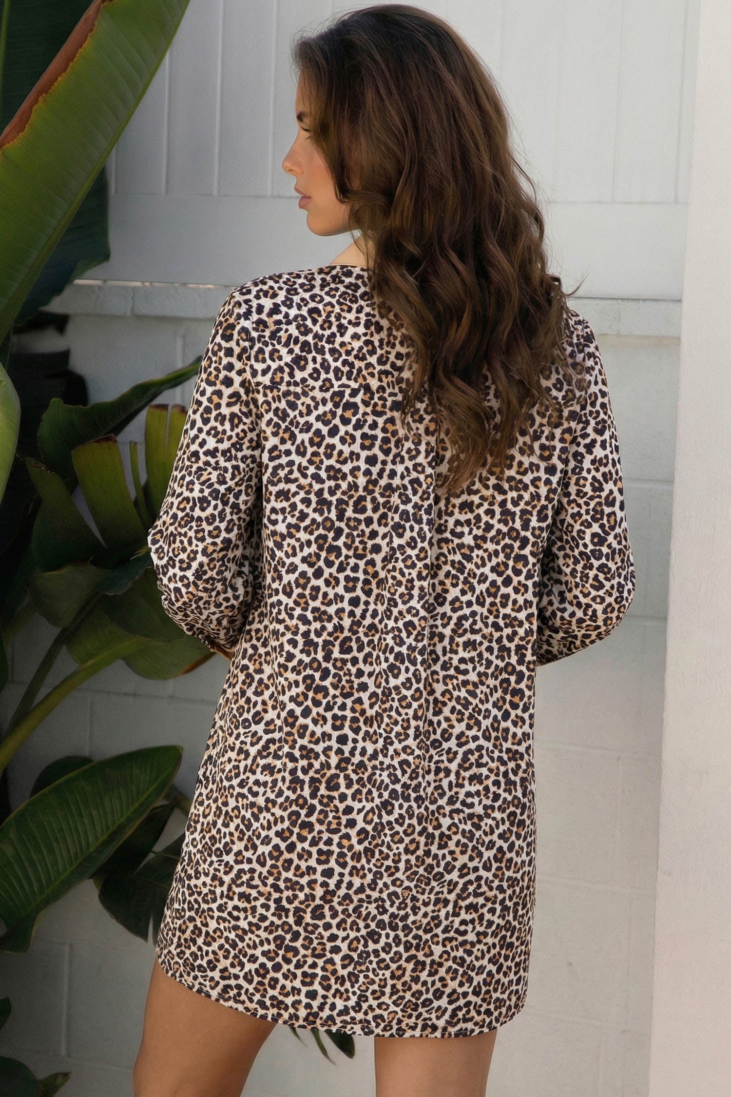 Women's Khaki Button Striped Collar Leopard Print Long Sleeve Flared Dress at LivelyLooks