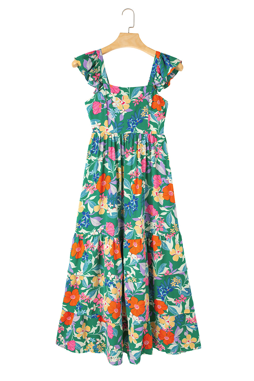 Women's Green Floral Print Sleeveless Ruffle Tiered Maxi Dress at LivelyLooks
