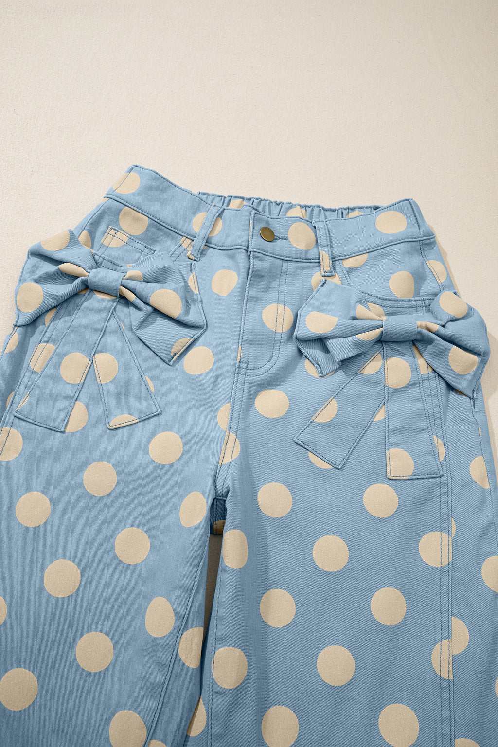 Polka Dot Print Bow Detail Pocketed Loose Jeans | White & Sky Blue