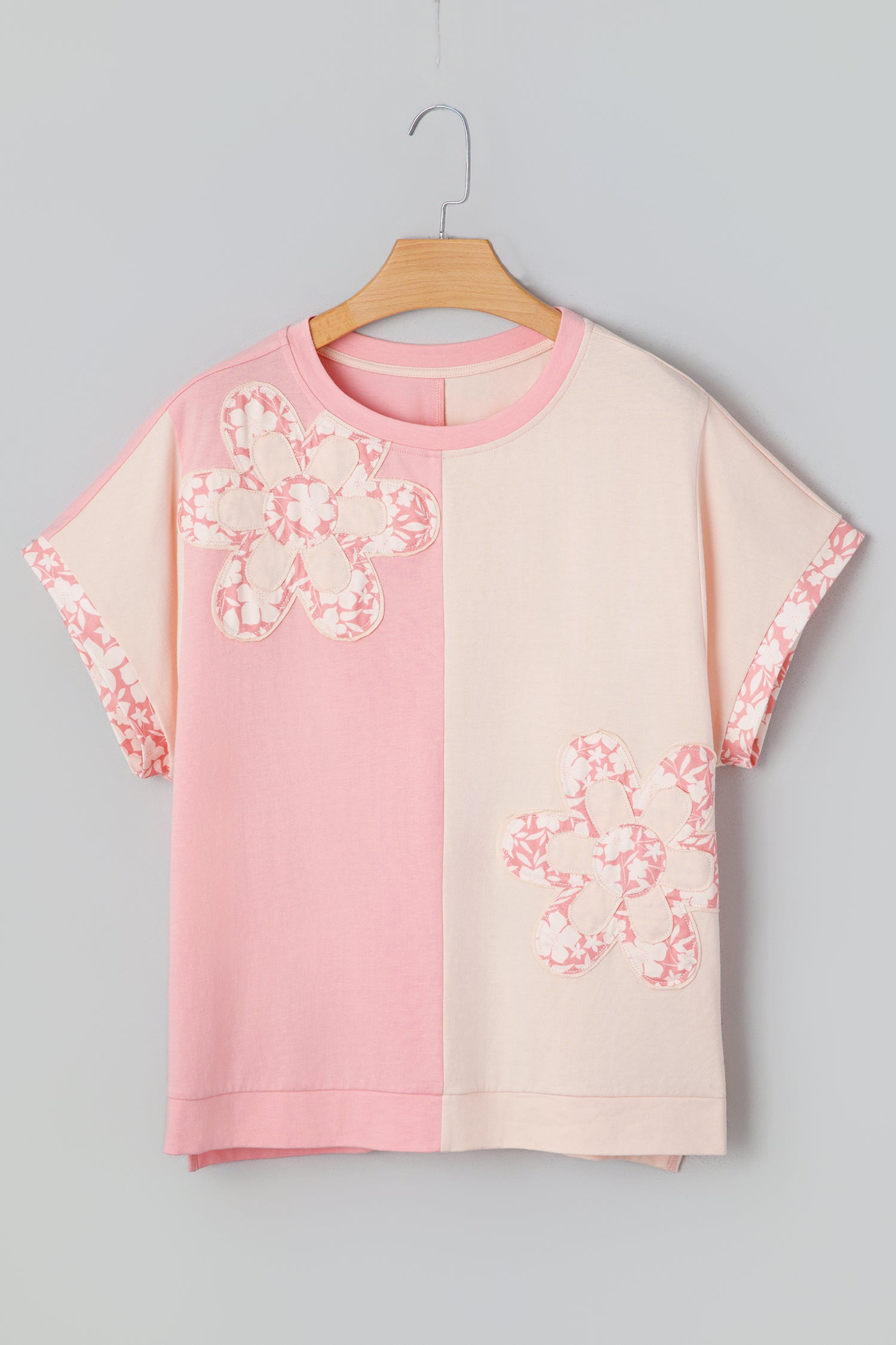 Beige Colour Block Flower Patch Loose T-Shirt | Casual Top