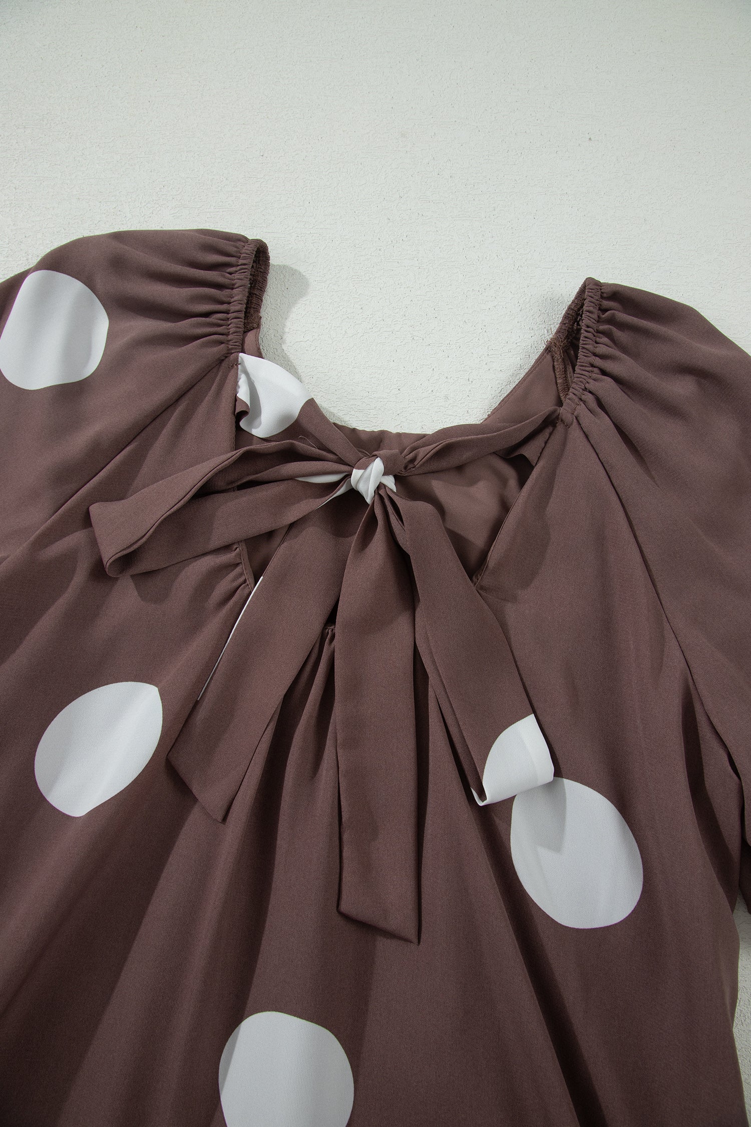 Shop Brown Polka Dot Puff Sleeve Mini Dress Knot Back Loose Fit UK 8-22 at LivelyLooks