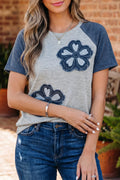 Shop Dark Blue Floral Patchwork Colorblock Raglan Sleeve T Shirt at LivelyLooks