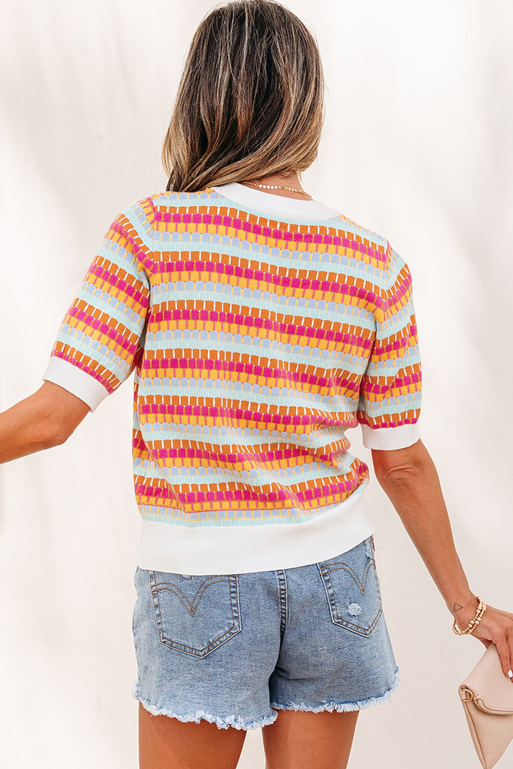 Women's Rose Red Abstract Stripe Knit Short Sleeve Sweater at LivelyLooks