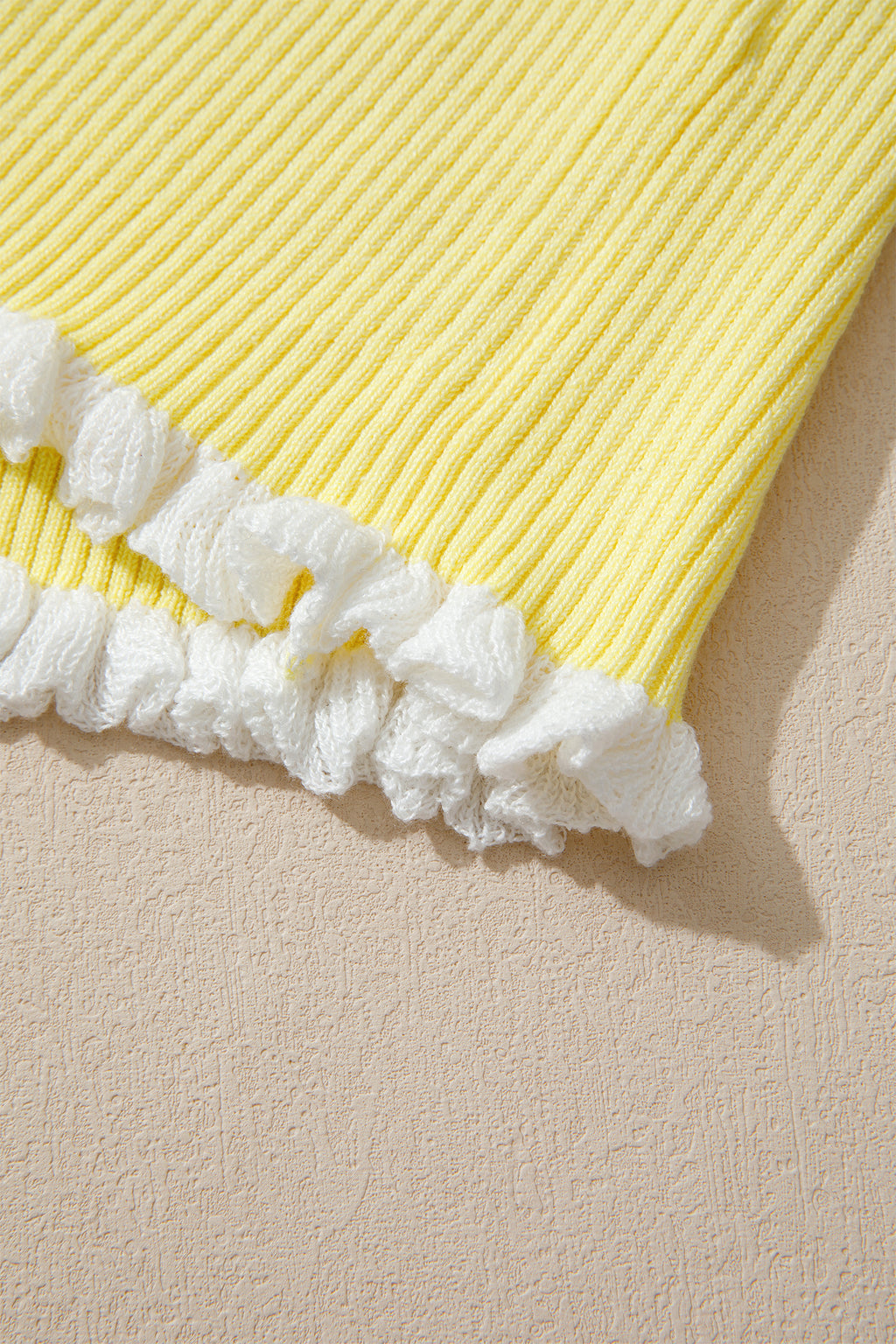 Yellow Ribbed Knit Contrast Trim Frilled Short Sleeve Cardigan