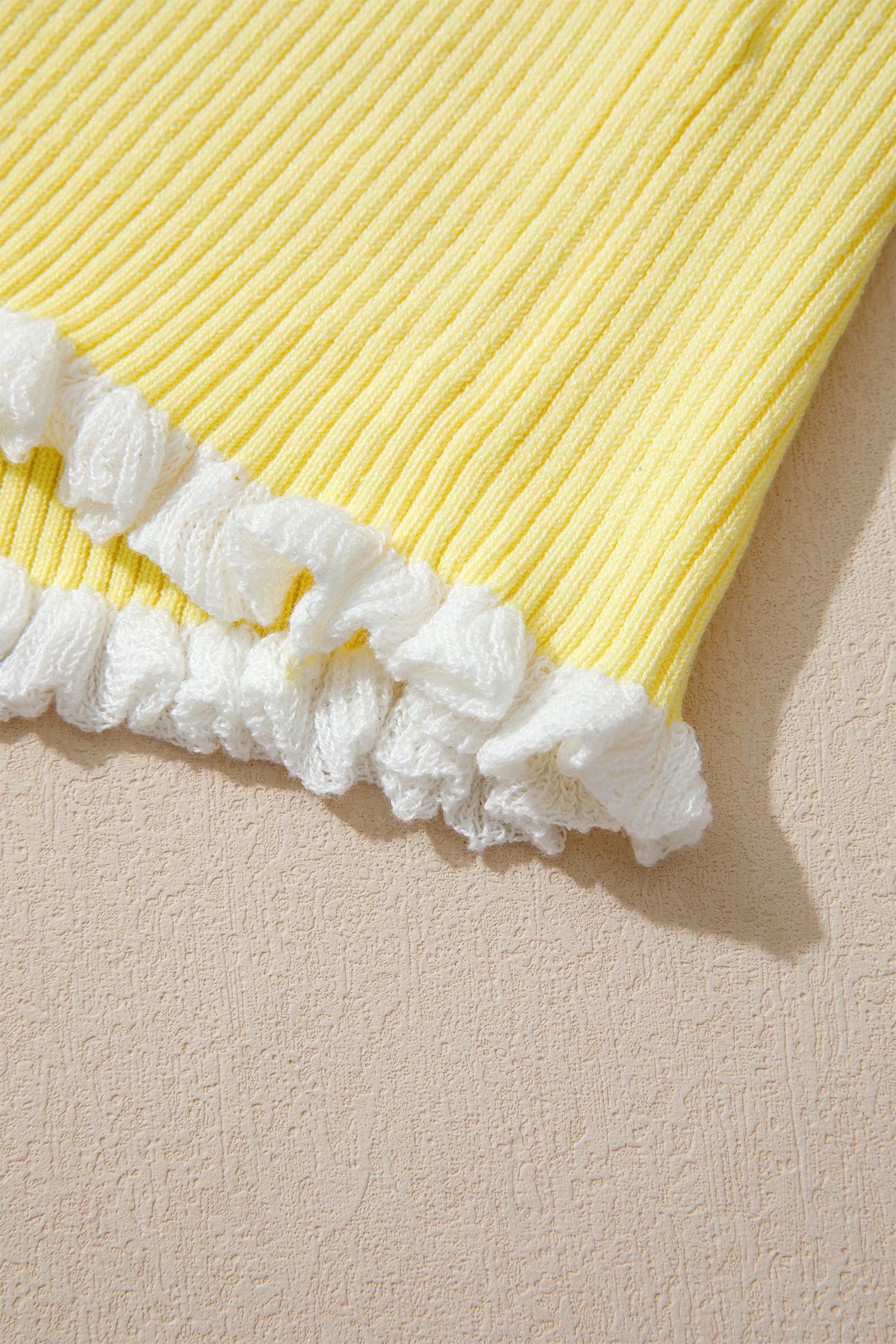Yellow Ribbed Knit Contrast Trim Frilled Short Sleeve Cardigan
