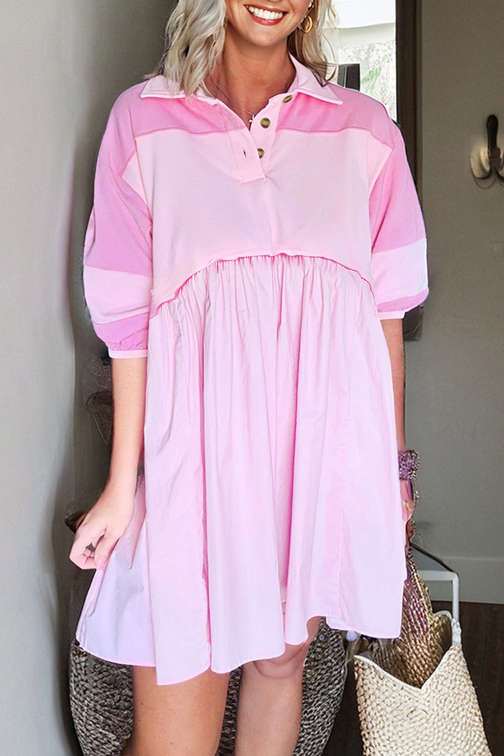 Pink Raw Seam Colour Block Polo Collar Mini Dress S-XL