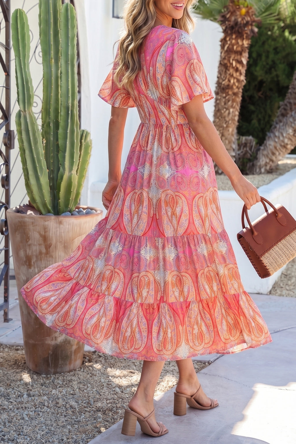Multicolour Paisley Print V-Neck Flutter Sleeve Boho Maxi Dress