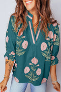 Women's Green Casual Wild Flower Print V Neck 3/4 Sleeve Blouse at LivelyLooks