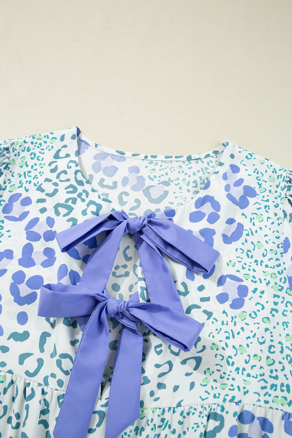 Women's Sky Blue Leopard Contrast Bow Puff Sleeve Mini Dress at LivelyLooks