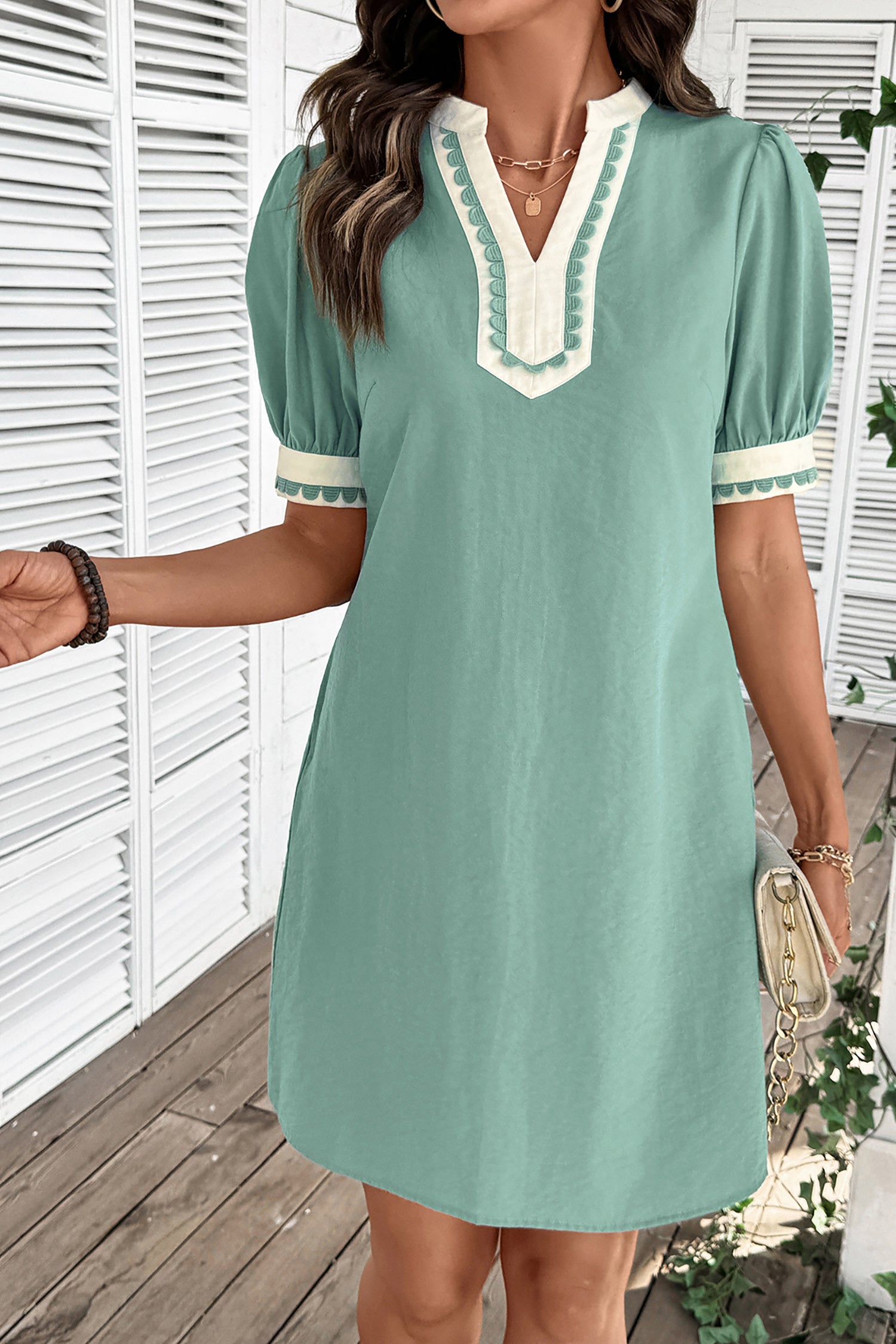 LivelyLooks Scallop Colour Block Trim Puff Sleeve Mini Dress Pink & Green women's fashion