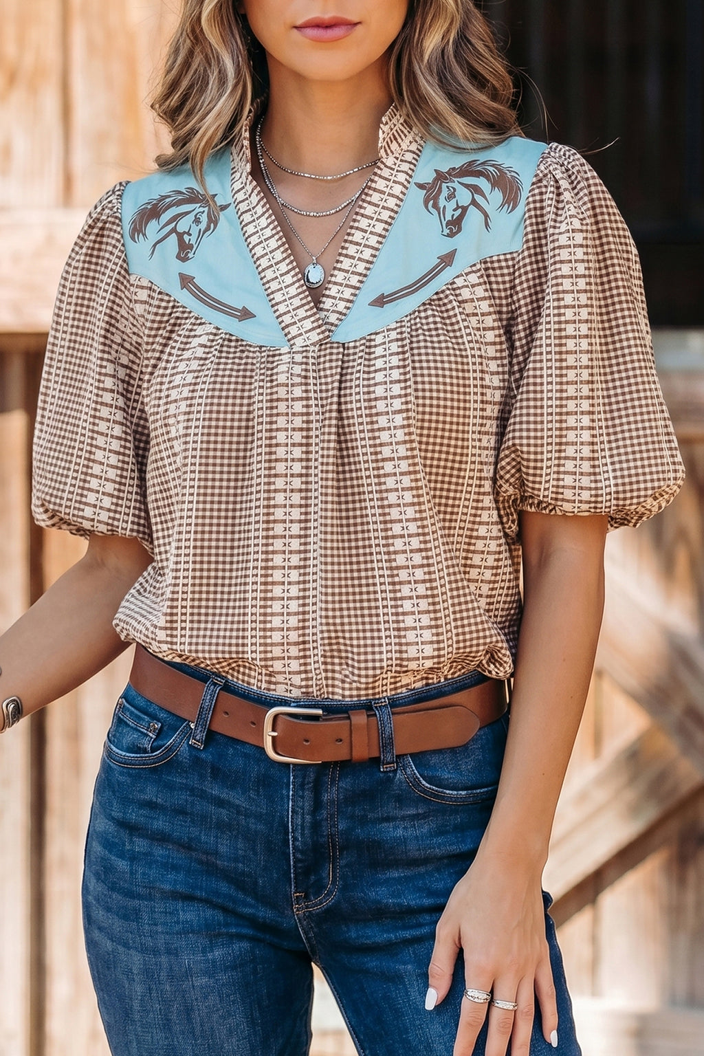 Shop Red Brown Western Gingham Blouse Pony Embroidered Puff Sleeve S-XL at LivelyLooks