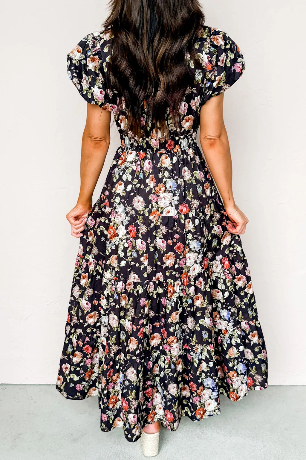 Black Floral Print V Neck Pleated Tiered Maxi Dress S-XL