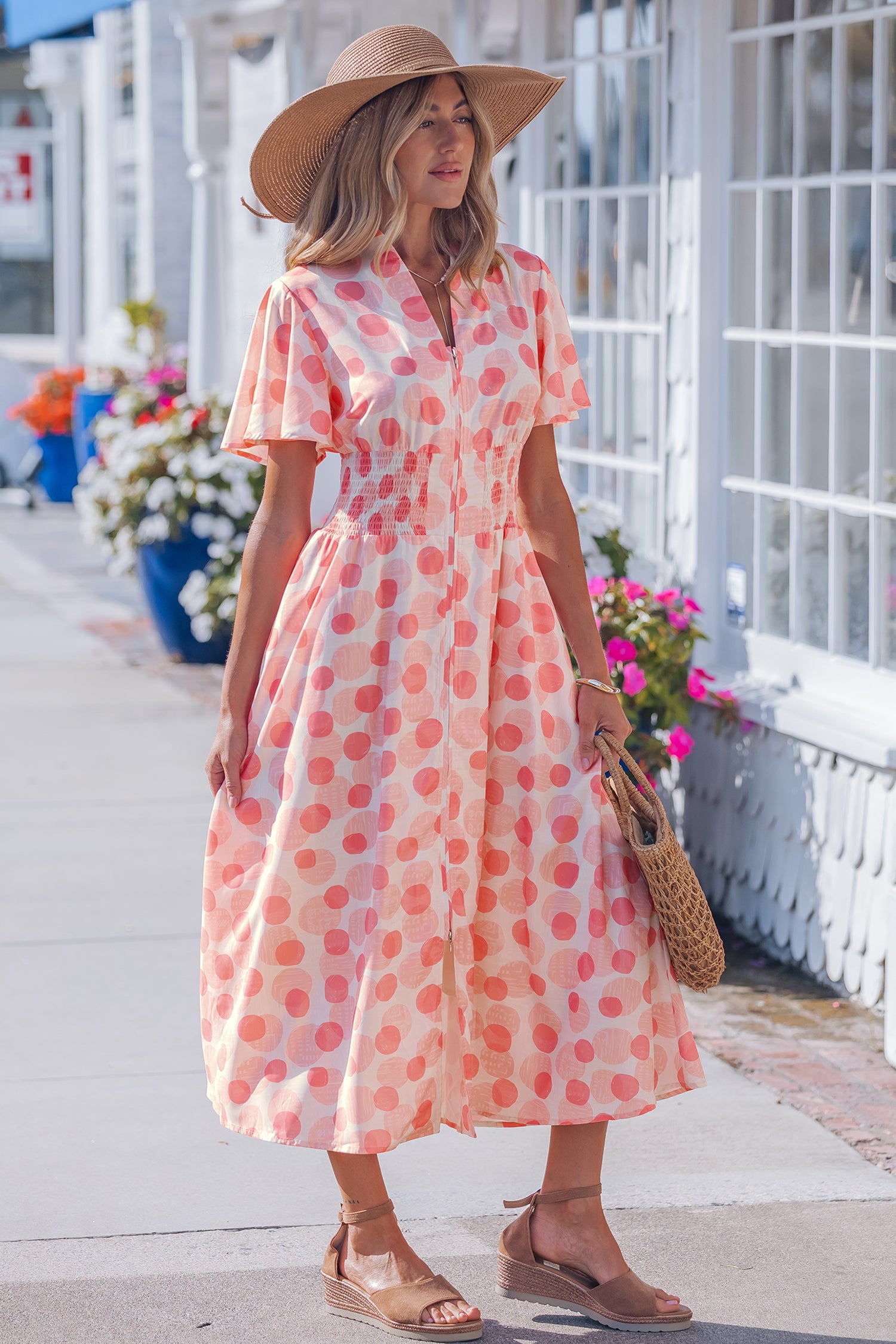 Women's Pink Polka Dot Ruffle Short Sleeve Zip-Up Maxi Dress at LivelyLooks