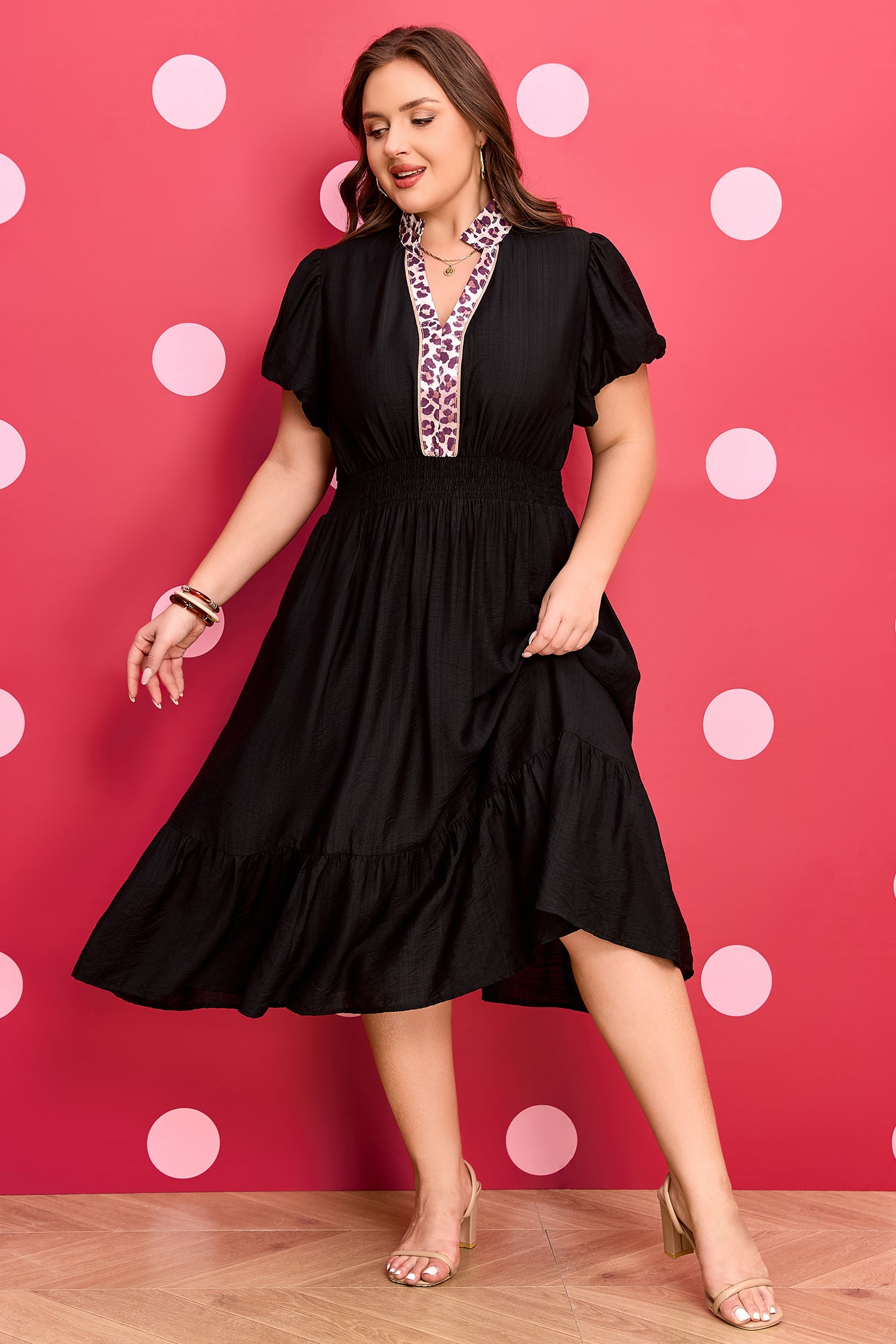 Women's Black Leopard V Neck Patchwork Smocked Waist Plus Size Ruffled Dress at LivelyLooks