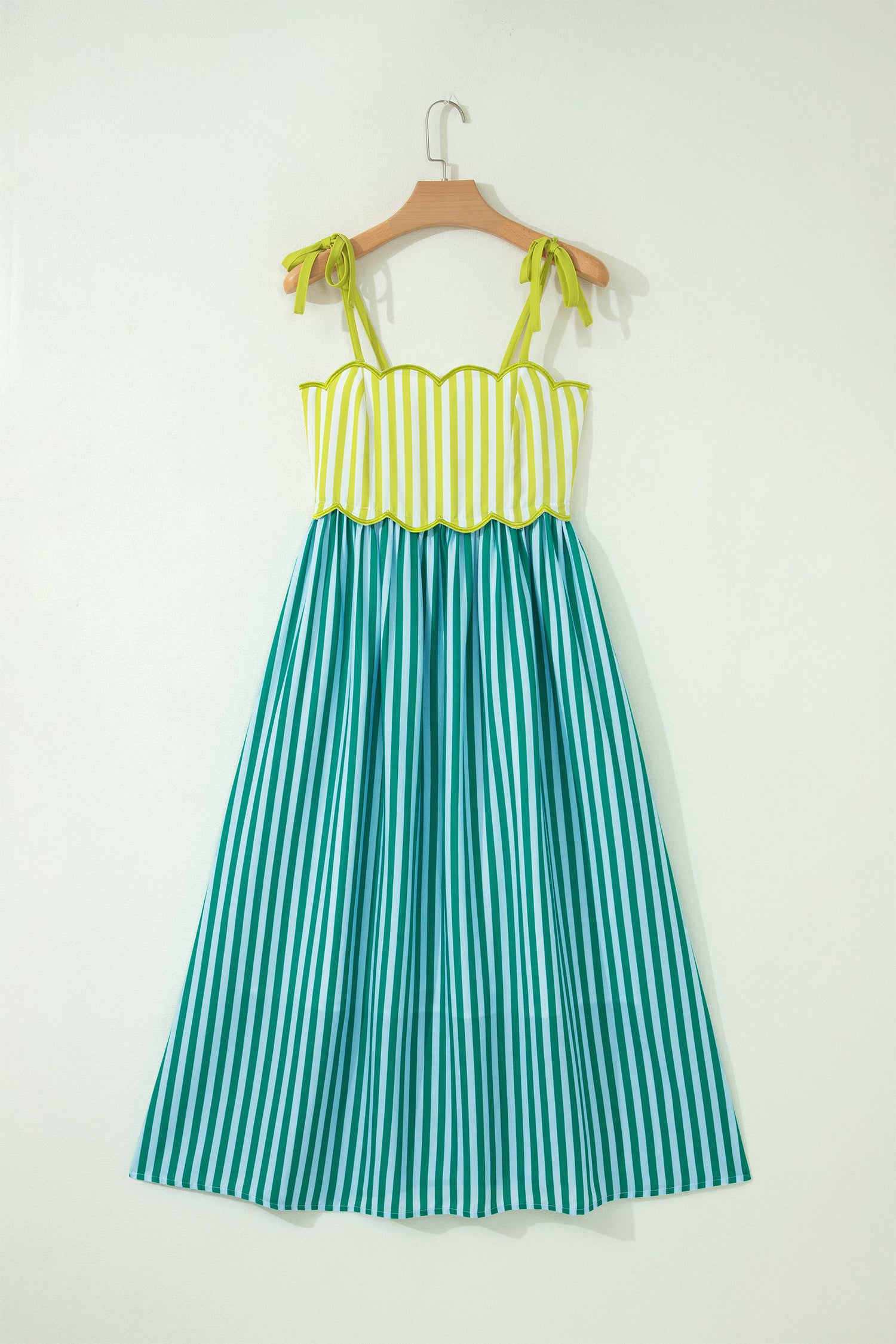 Green Stripe Scalloped Contrast Patchwork Knot Strap Midi Dress | UK 8–18