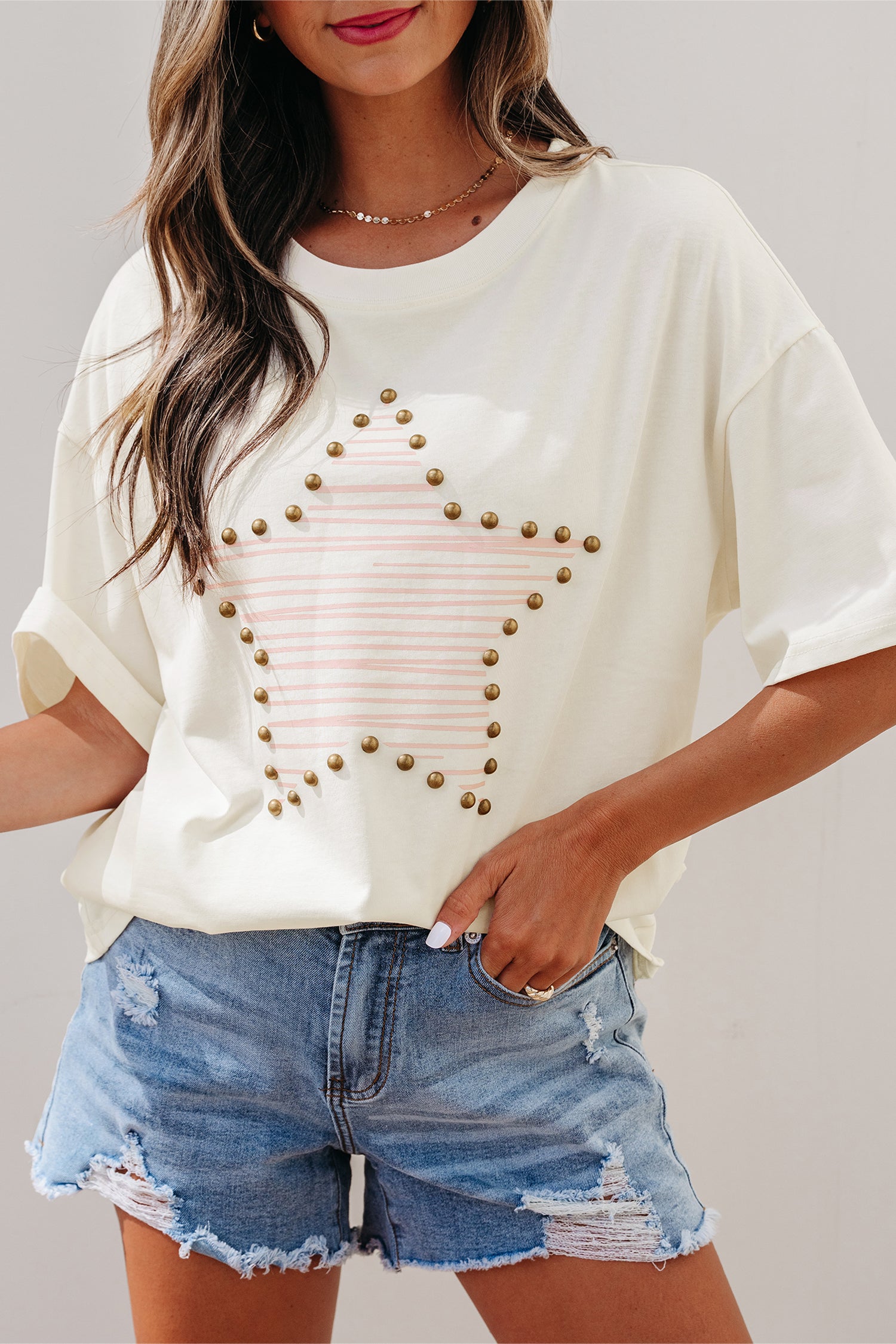 LivelyLooks Beige Star Print Stud Detail Cotton Jersey Top S-XL women's fashion