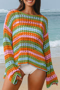 Women's Women's Stripe Open Knit Beach Cover Up Sweater | Orange & Purple | S-XL at LivelyLooks