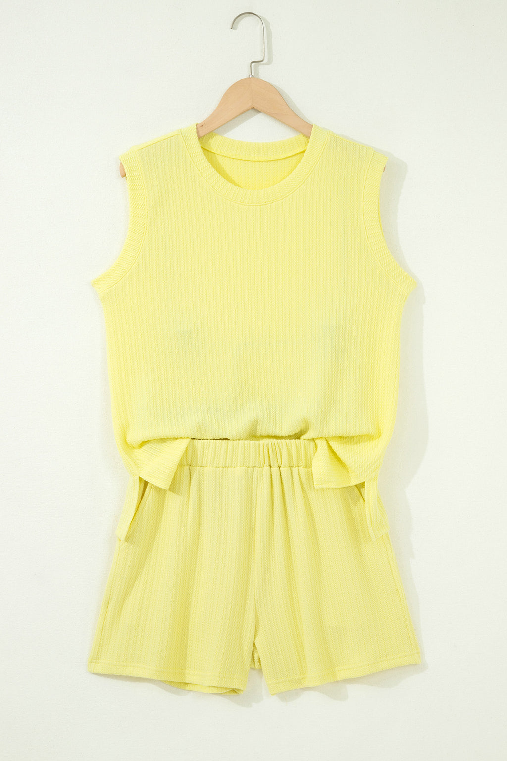 Yellow Cream Solid Textured Loose Tank & Casual Shorts Set | UK 8–22