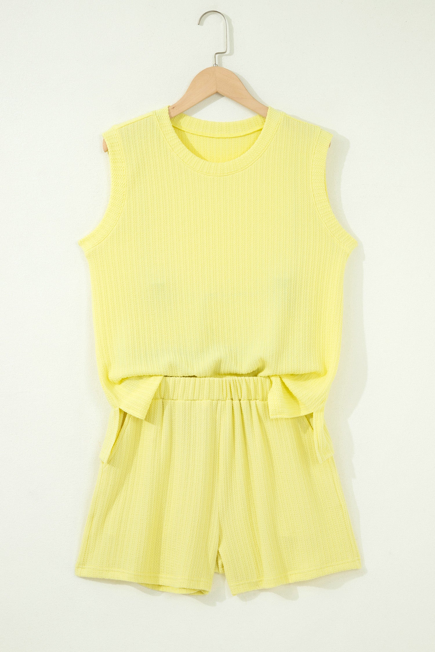 Yellow Cream Solid Textured Loose Tank & Casual Shorts Set | UK 8–22