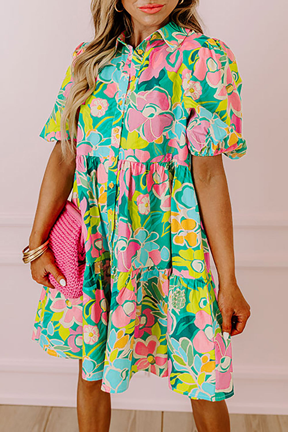 Women's Green Floral Puff Sleeve Collar Buttoned Babydoll Dress Summer Boho Mini Sundress at LivelyLooks