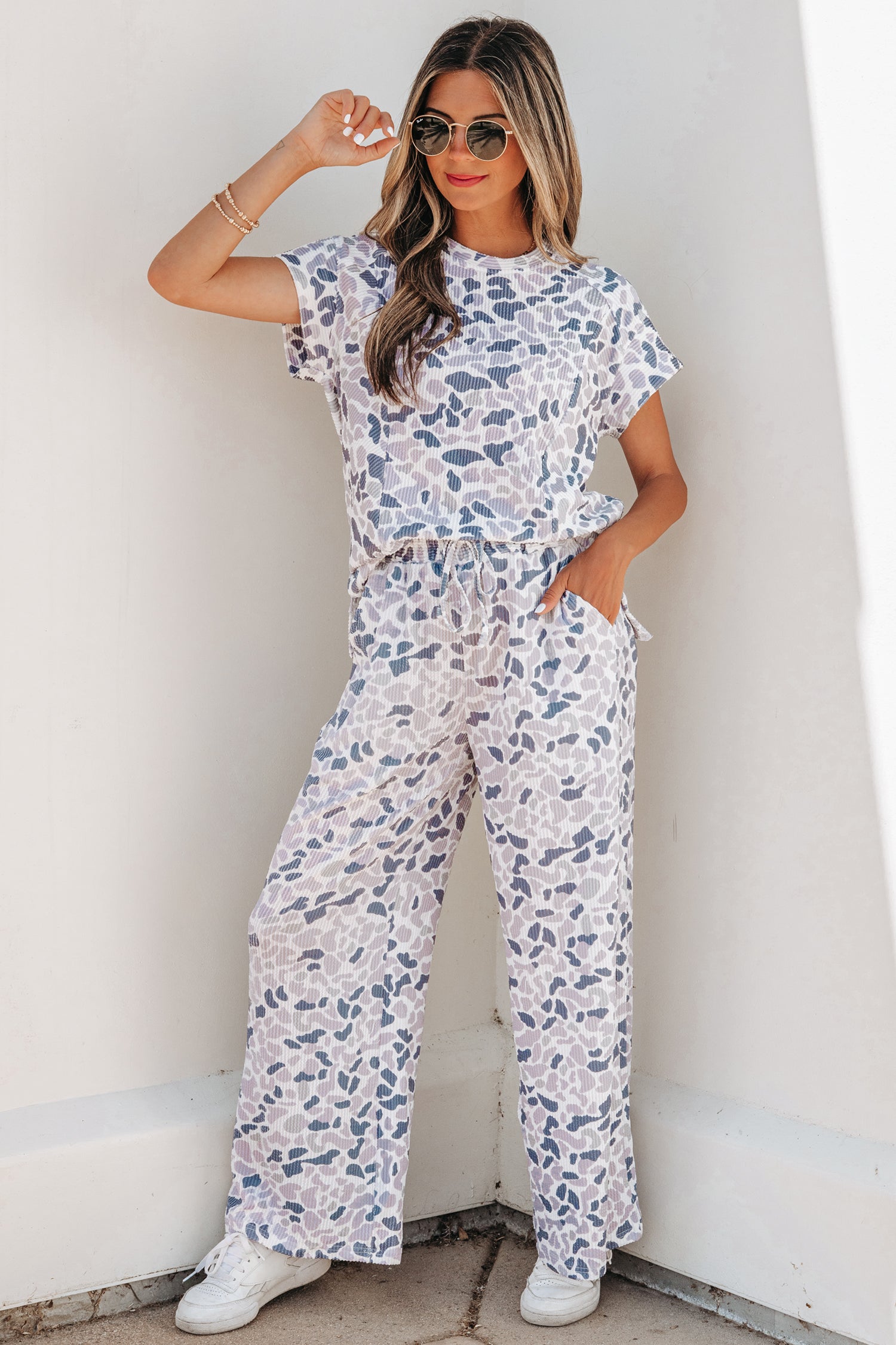 Beige Camouflage Print Twisted Rib Loose Tee & Drawstring Pants Set