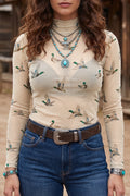 Beige Western Print Mesh Sheer High Neck Long Sleeve Top S-XL