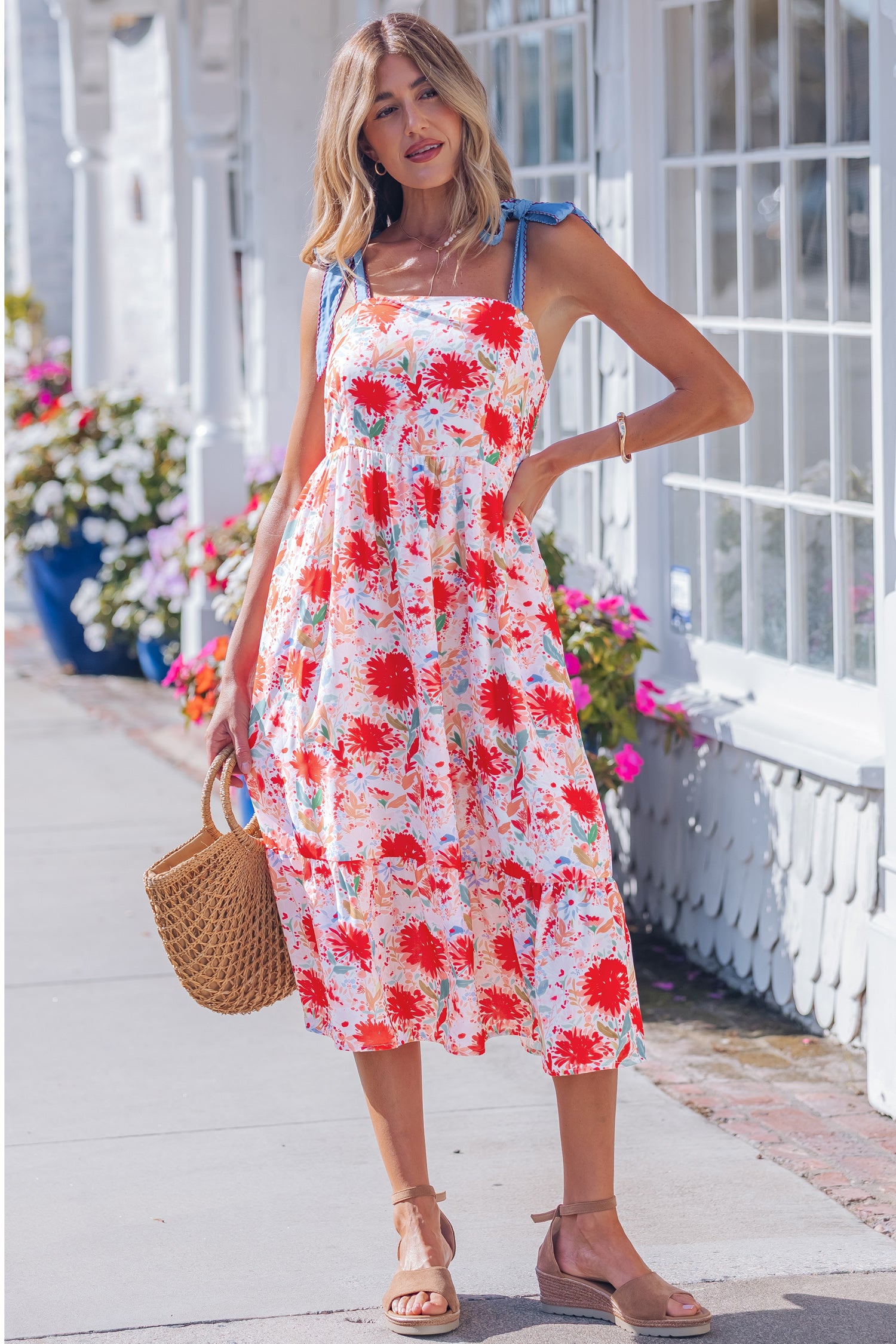 LivelyLooks Yellow Floral Print Contrast Stitched Knot Denim Straps High Waist Dress women's fashion