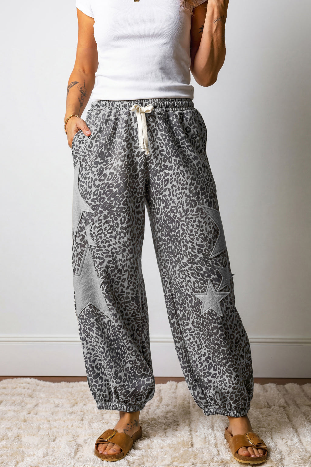 Grey Leopard Print Jogger Pants Star Patch Drawstring Elastic Waist Women S-XL