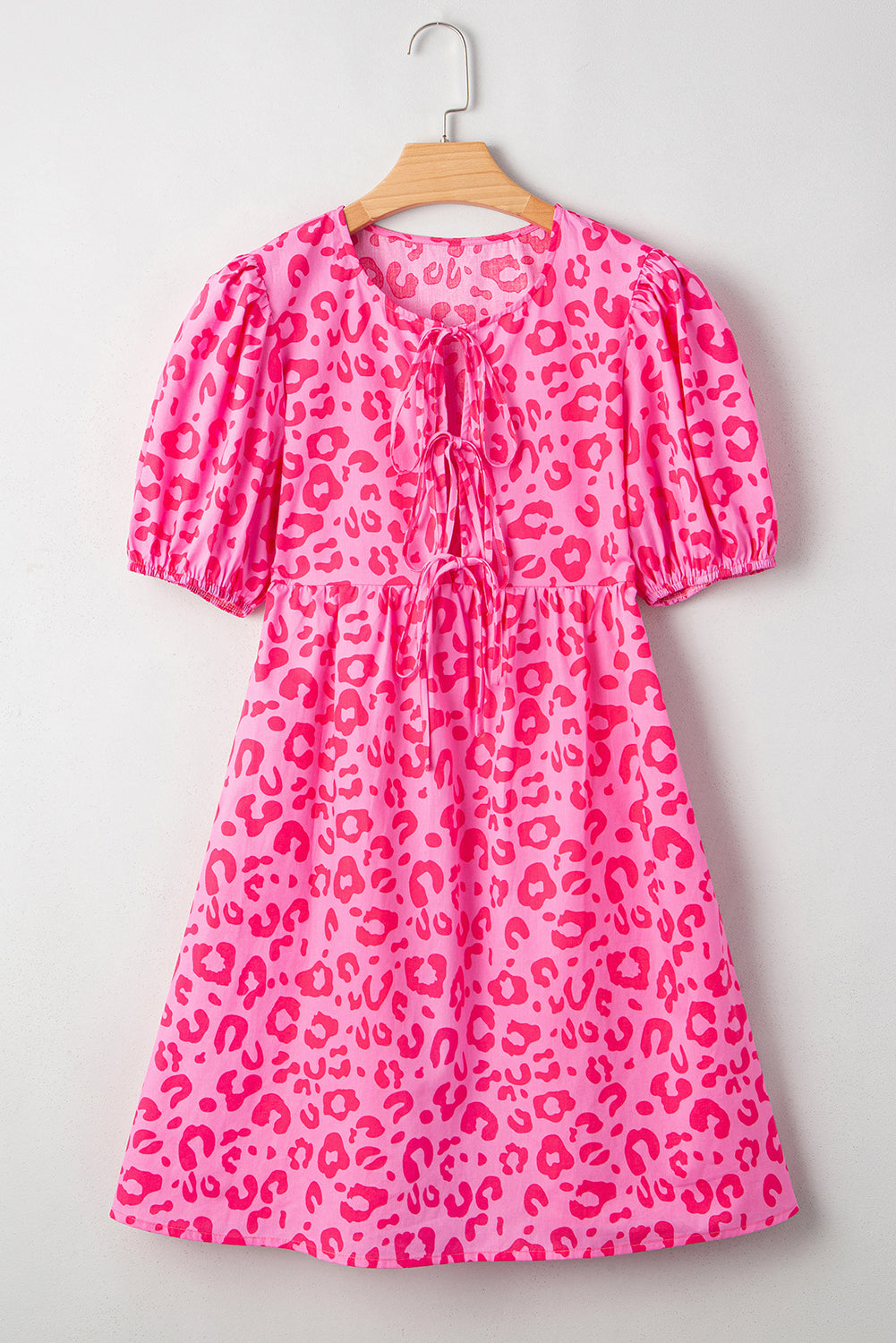 Women's Rose Leopard Puff Sleeve Tie Front High Waist Mini Dress at LivelyLooks
