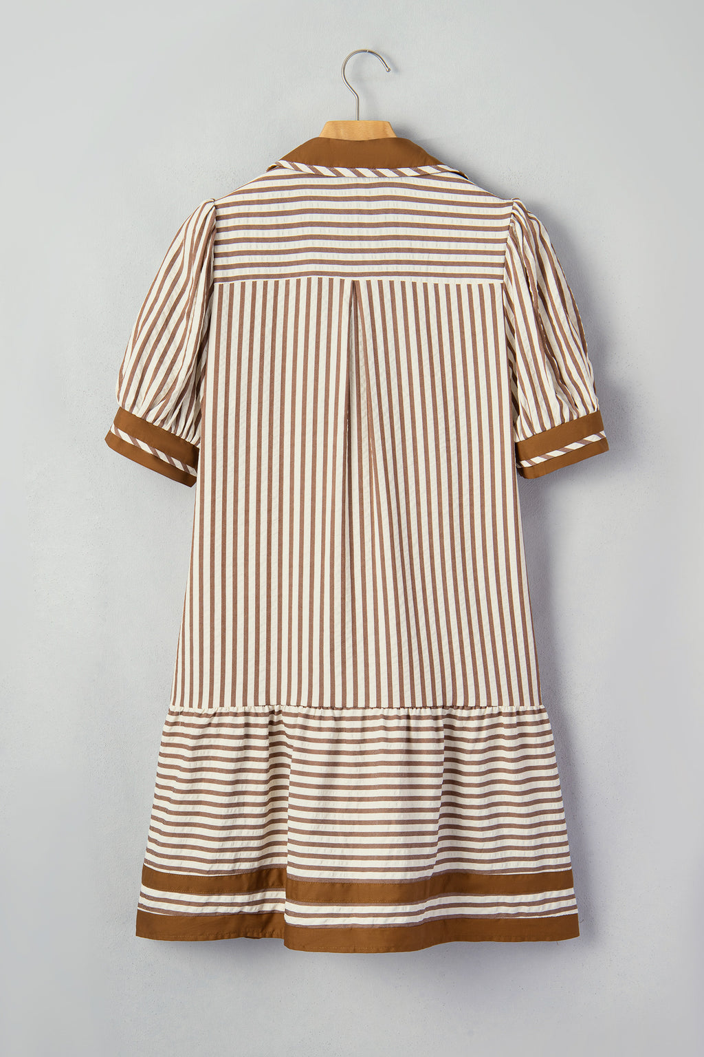 Brown Stripe Colour Block Ruffle Hem Shirt Collar Mini Dress S-XL