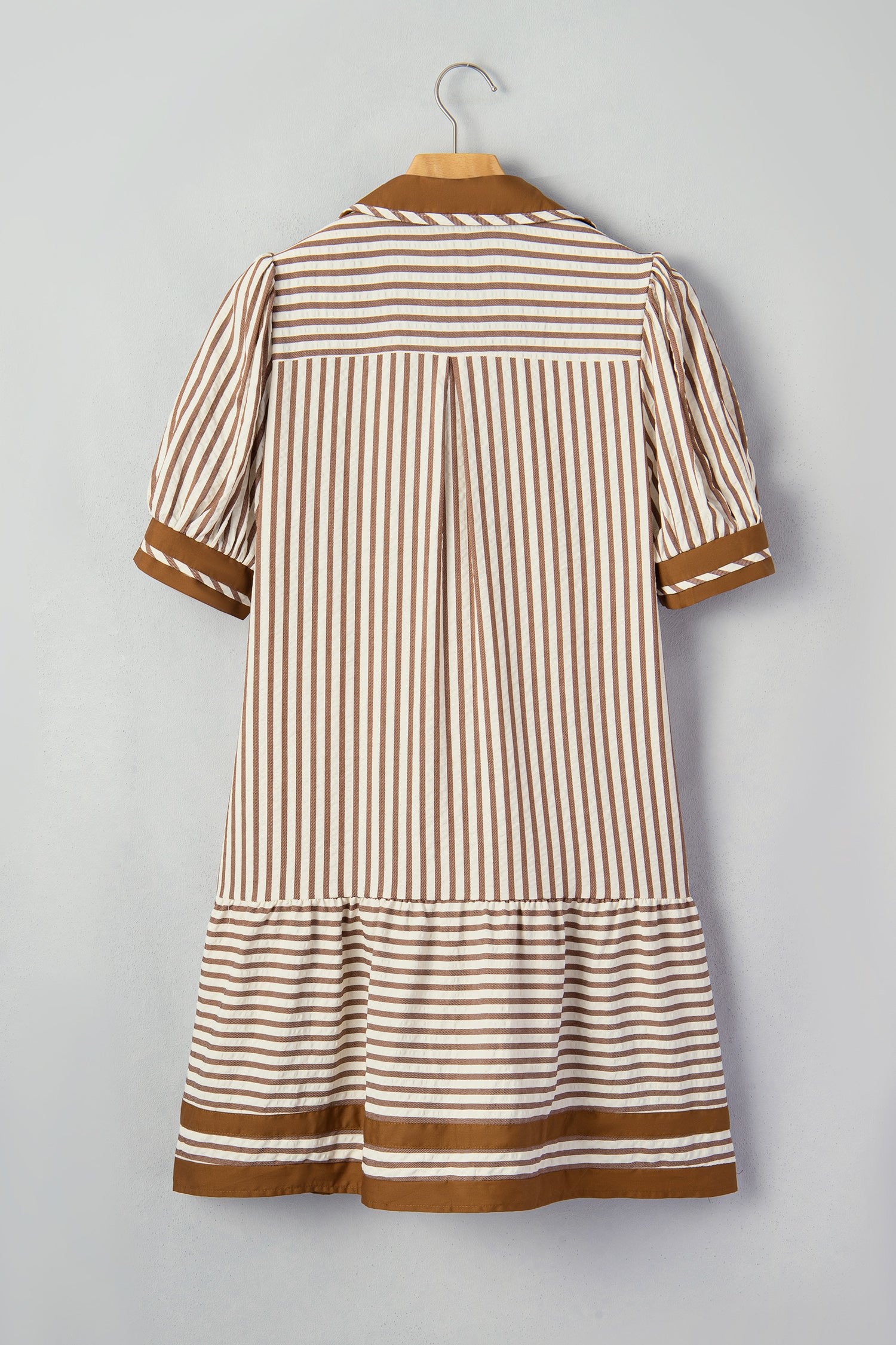 Brown Stripe Colour Block Ruffle Hem Shirt Collar Mini Dress S-XL