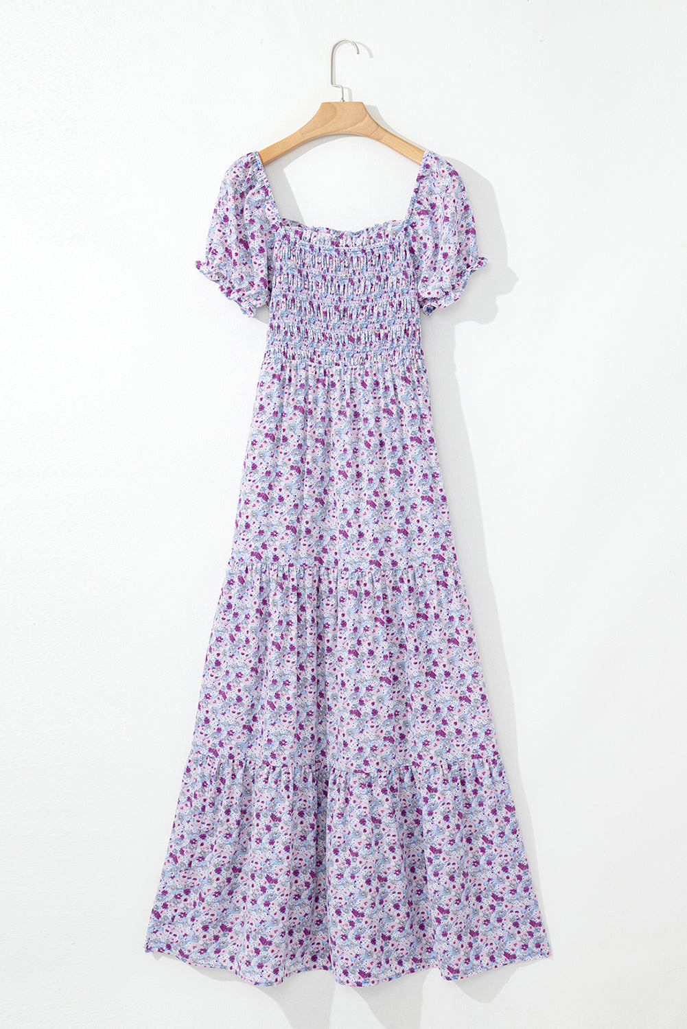 LivelyLooks Floral Bubble Sleeve Shirred High Waist Maxi Dress Purple Square Neck S-XL women's fashion