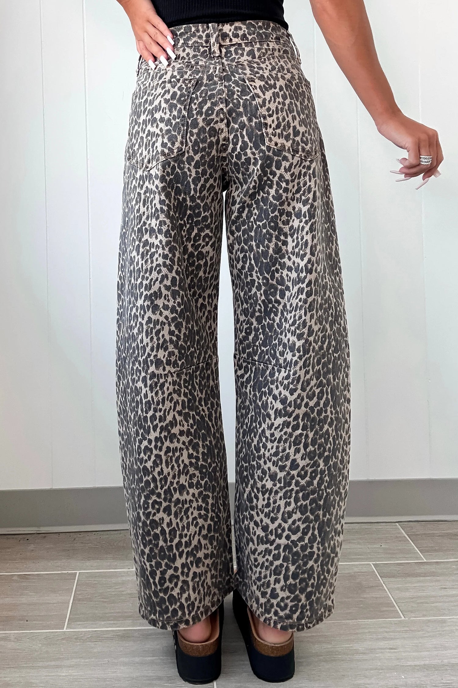 Shop Black Leopard Print High Waist Barrel Jeans UK 8-20 at LivelyLooks