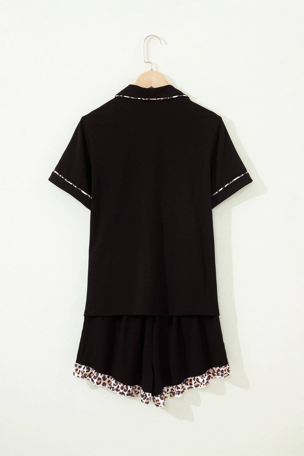 Women's Black Leopard Patchwork Trim Lapel Shirt Drawstring Shorts Pyjama Set Nightwear PJ at LivelyLooks