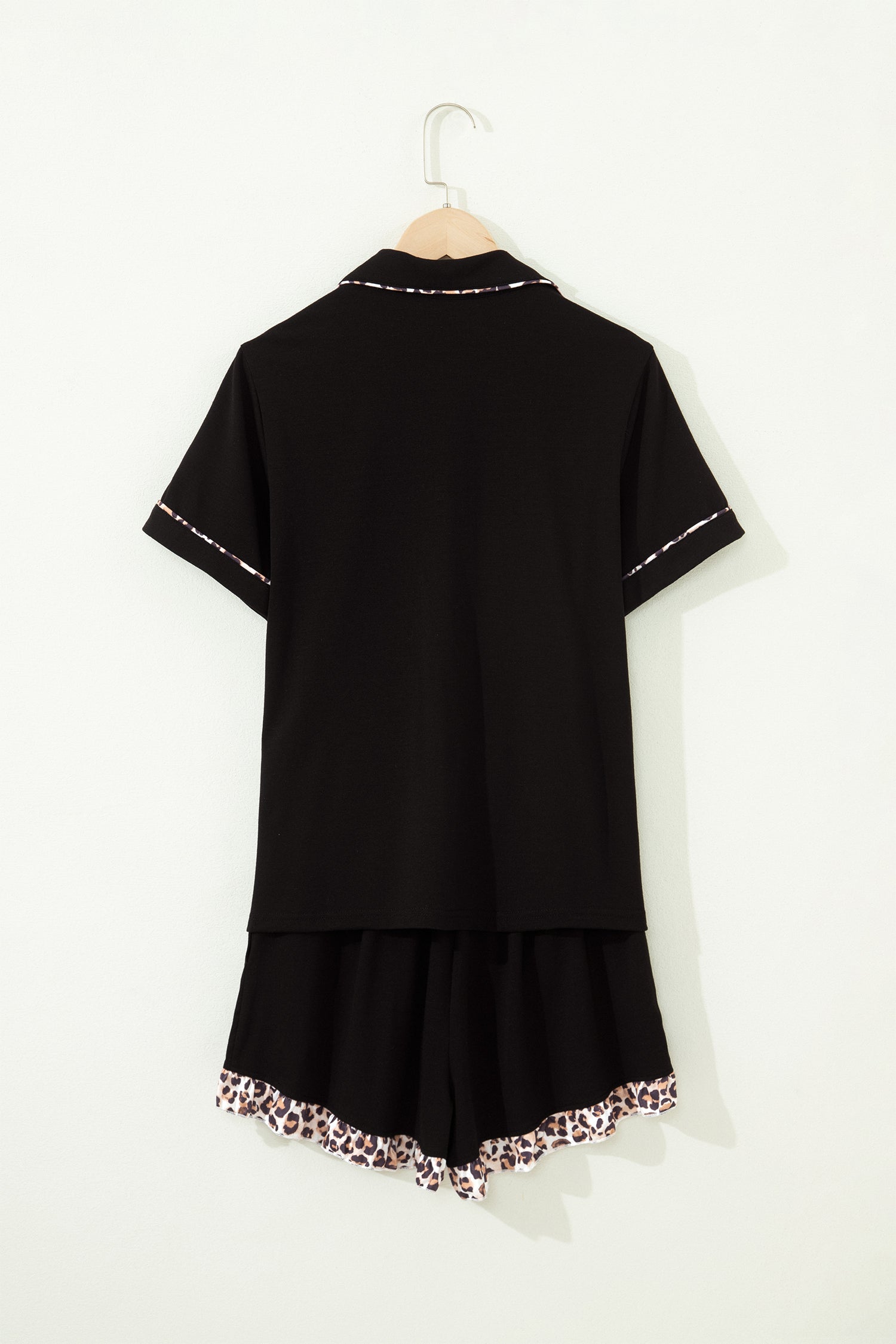 Women's Black Leopard Patchwork Trim Lapel Shirt Drawstring Shorts Pyjama Set Nightwear PJ at LivelyLooks